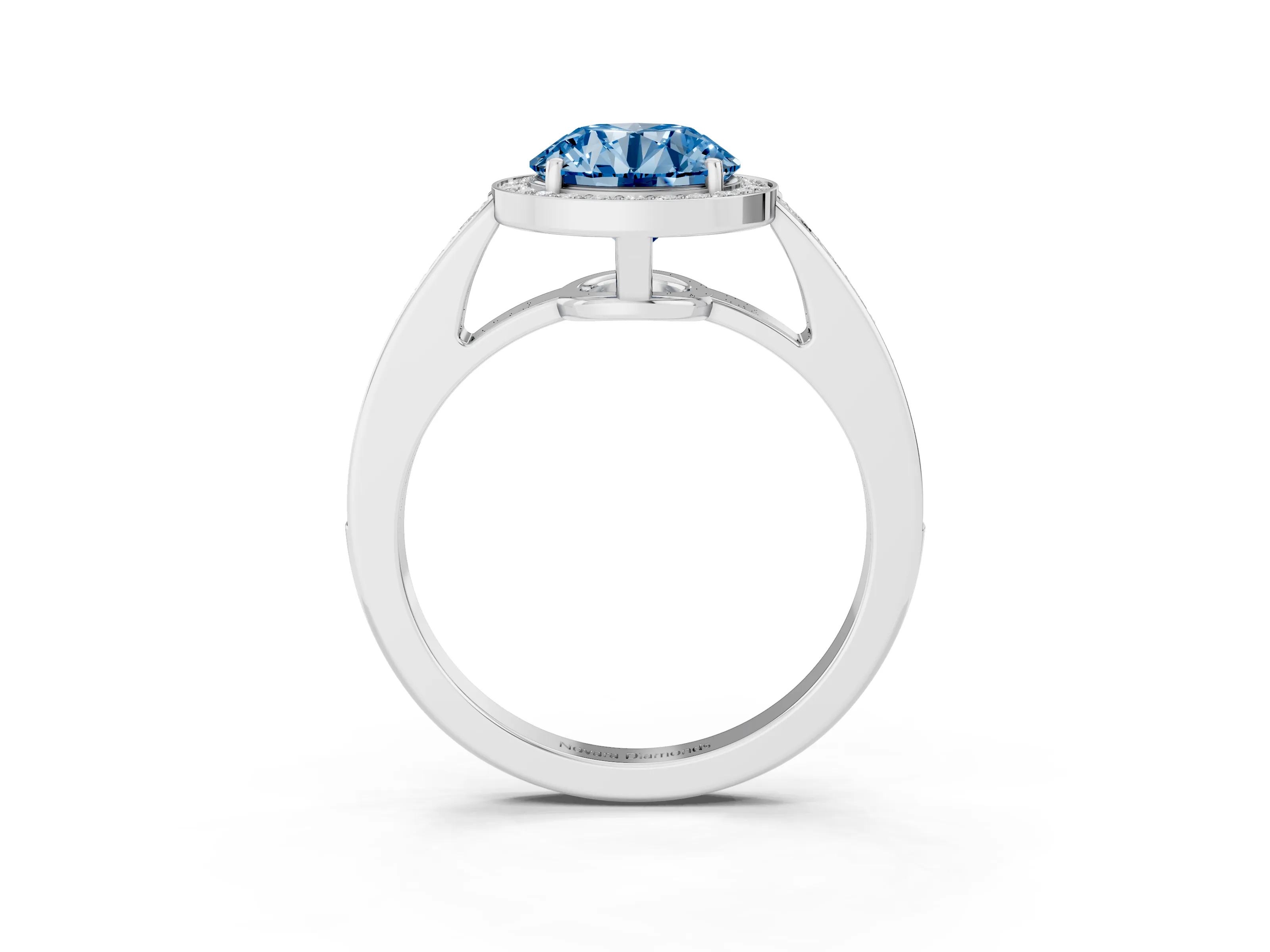 Fancy Blue Round Cut Diamond Halo Pavé Engagement Ring Set in Silver with Bezel Setting