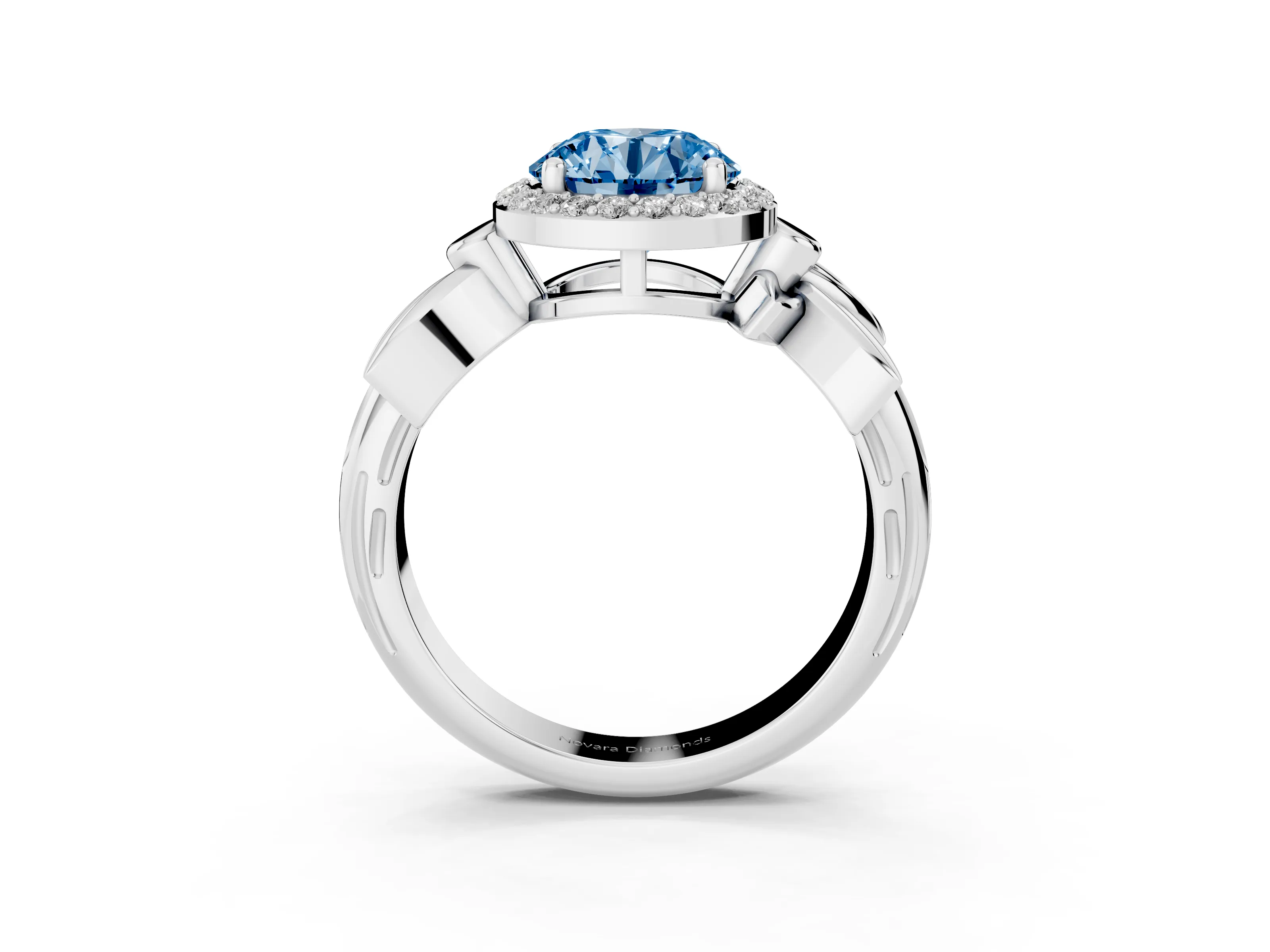 Fancy Blue Round Cut Diamond Halo Floral Band Ring Set in Silver with Prong Setting