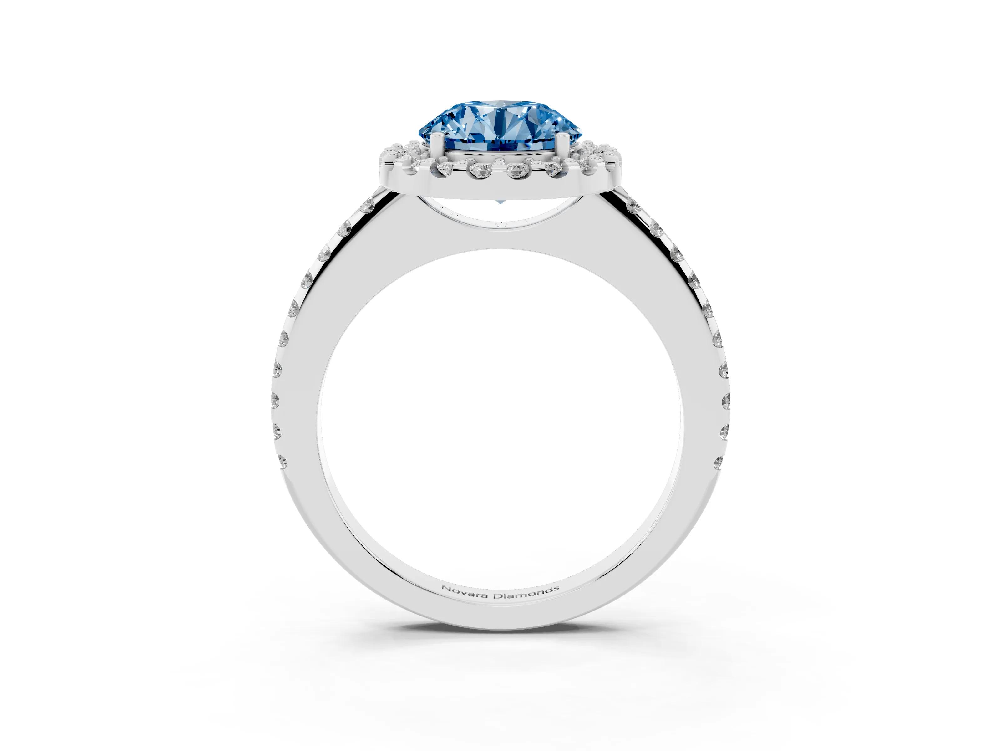 Fancy Blue Round Cut Diamond Pavé Halo Ring Set in Platinum with Prong Setting