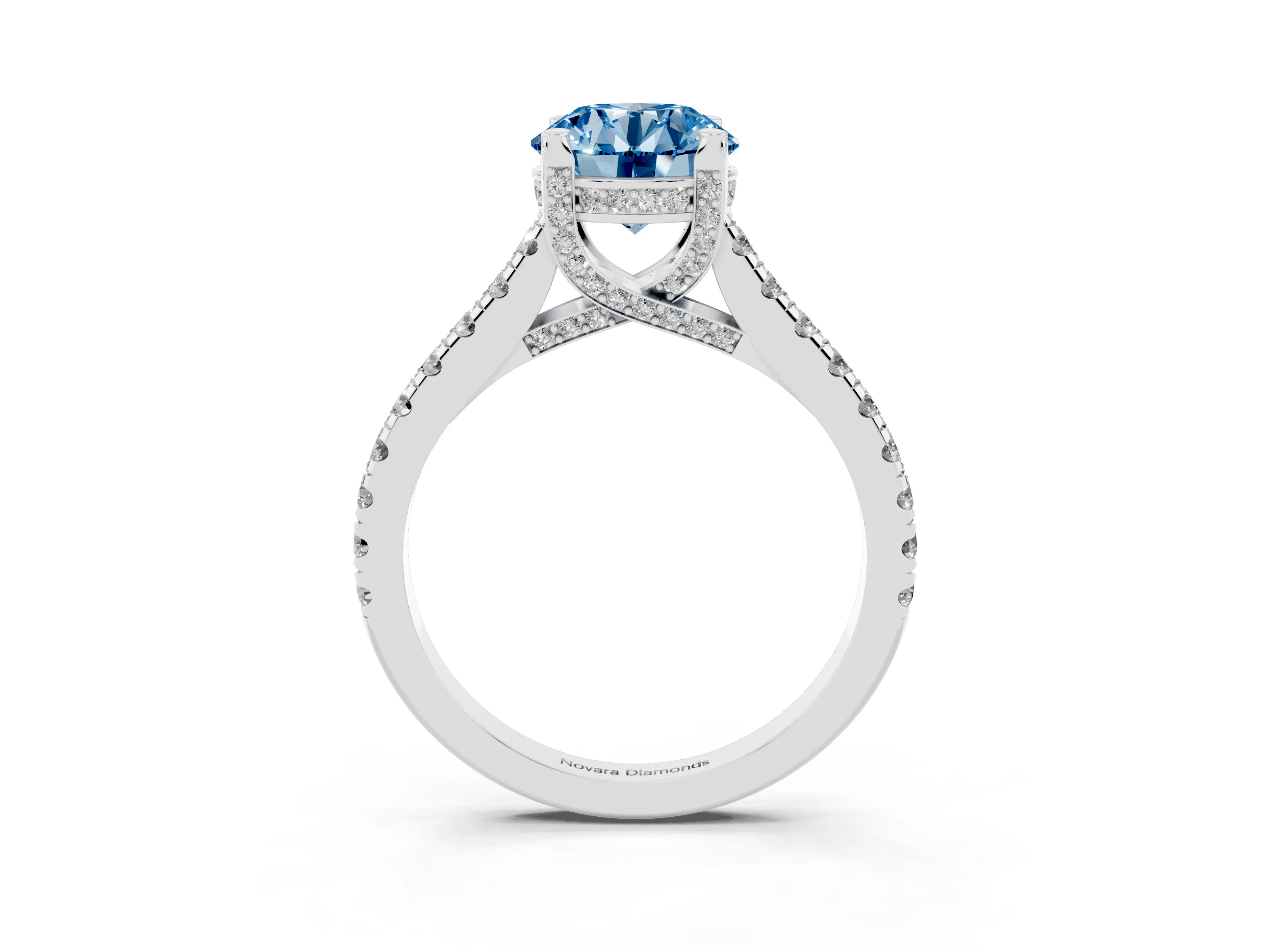 Fancy Blue Round Cut Diamond Solitaire Ring Set in Platinum with Brilliant Pavé Band and Prong Setting