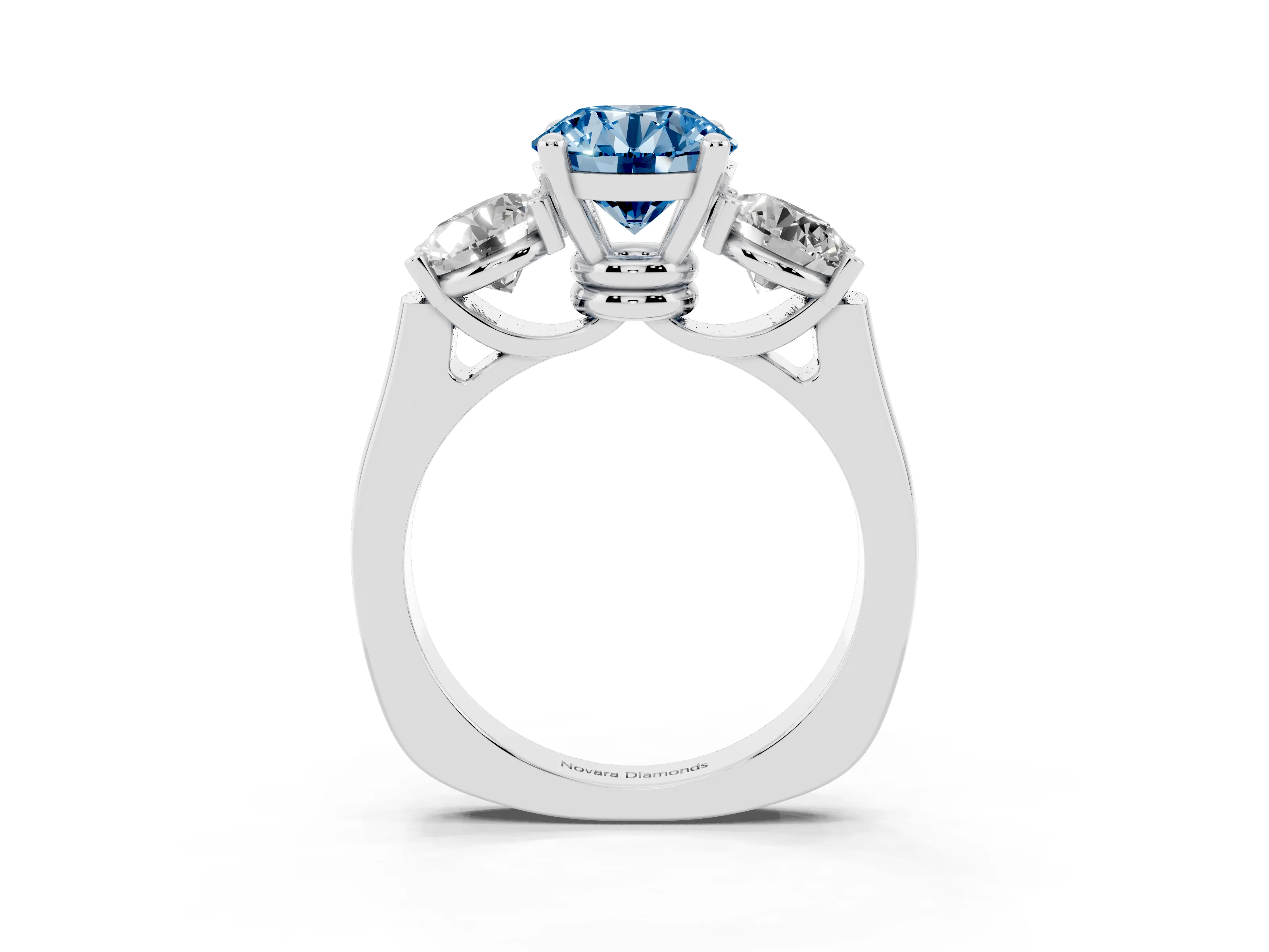 Fancy Blue Round Cut Diamond Three-Stone Trellis Ring Set in Silver with Comfort Fit Band