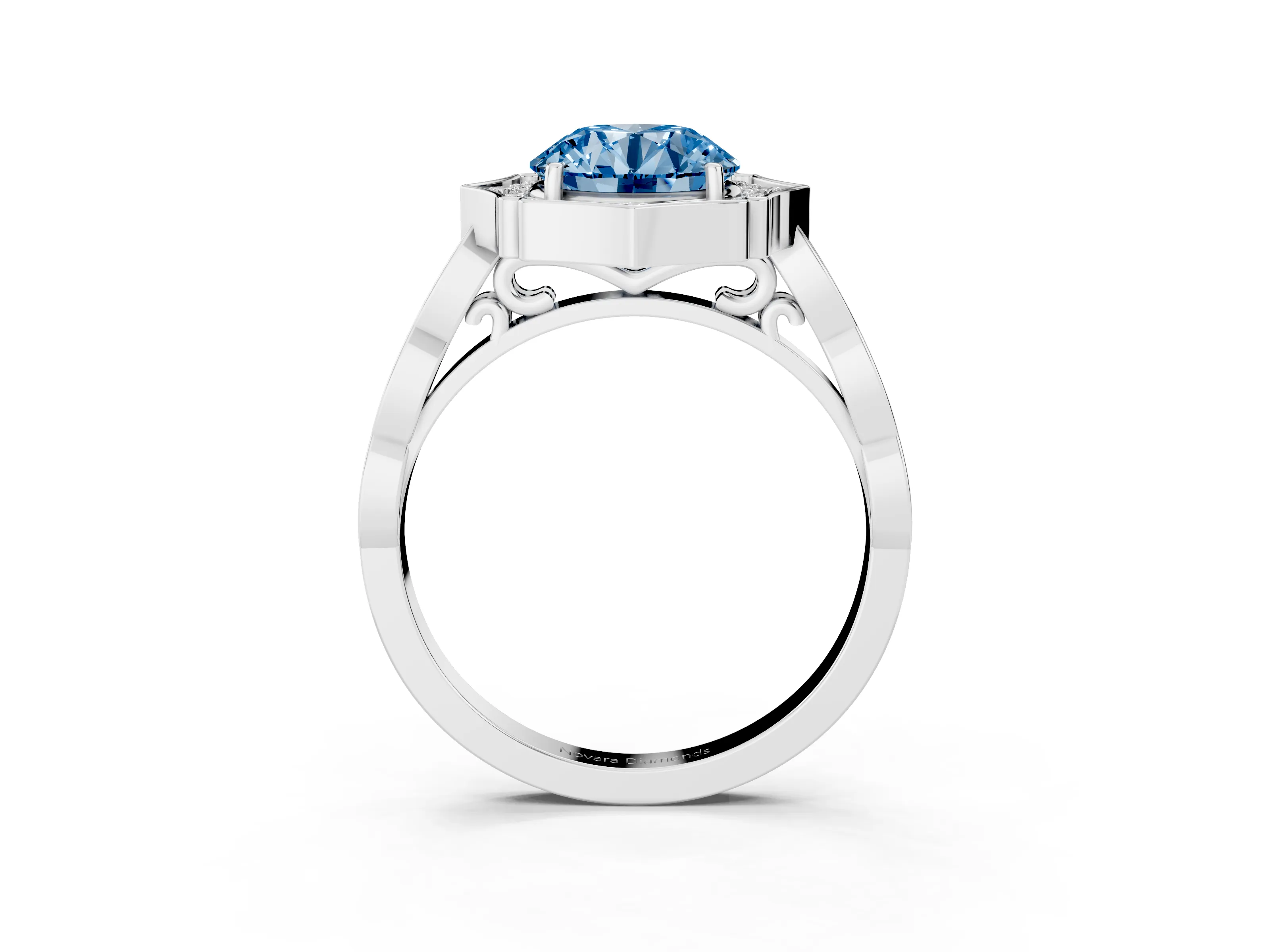 Fancy Blue Round Cut Diamond Halo Engagement Ring Set in White gold with Milgrain Band and Prong Setting