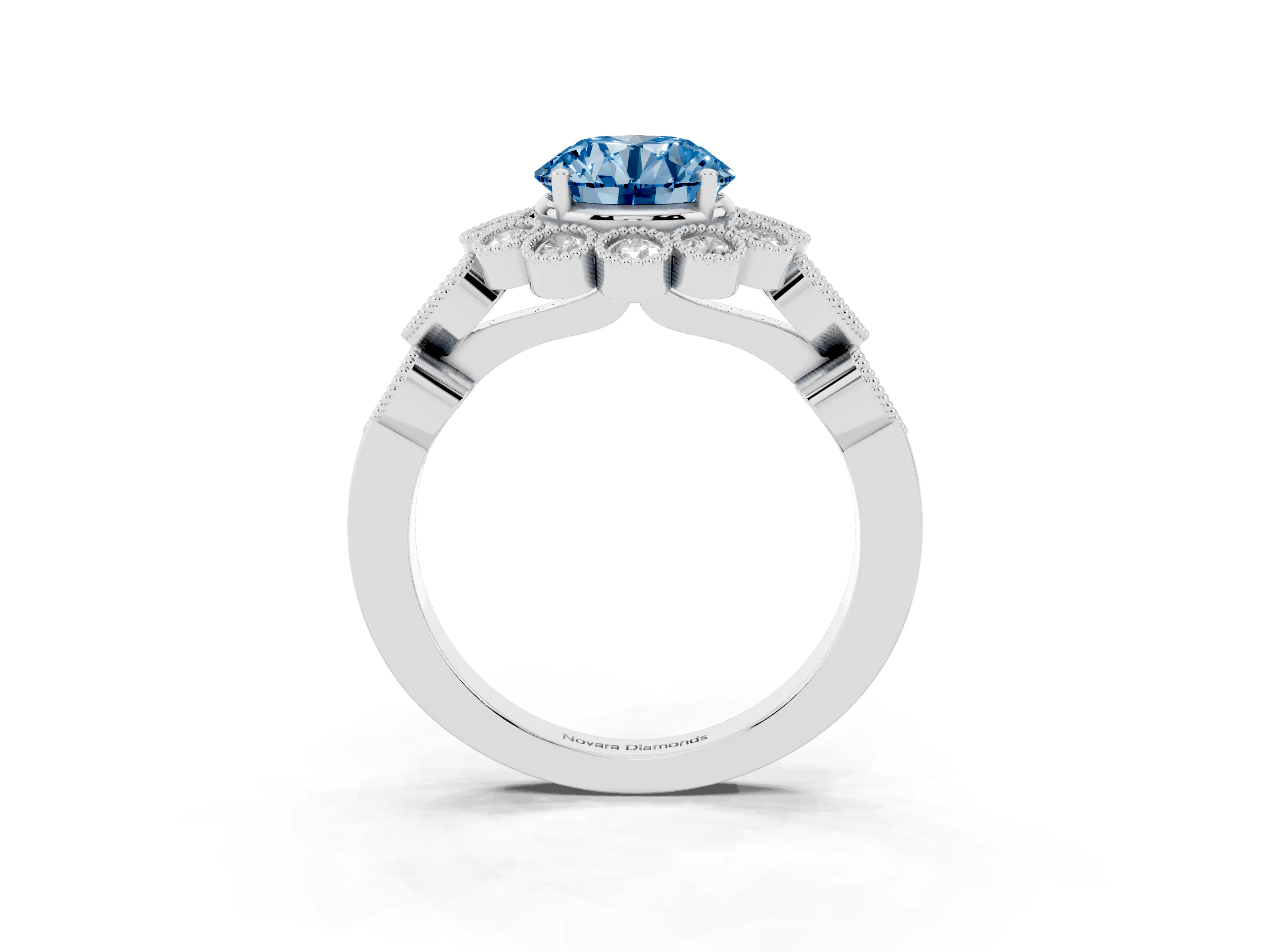 Fancy Blue Round Cut Diamond Solitaire Ring Set in Silver with Milgrain Pavé Heart Band