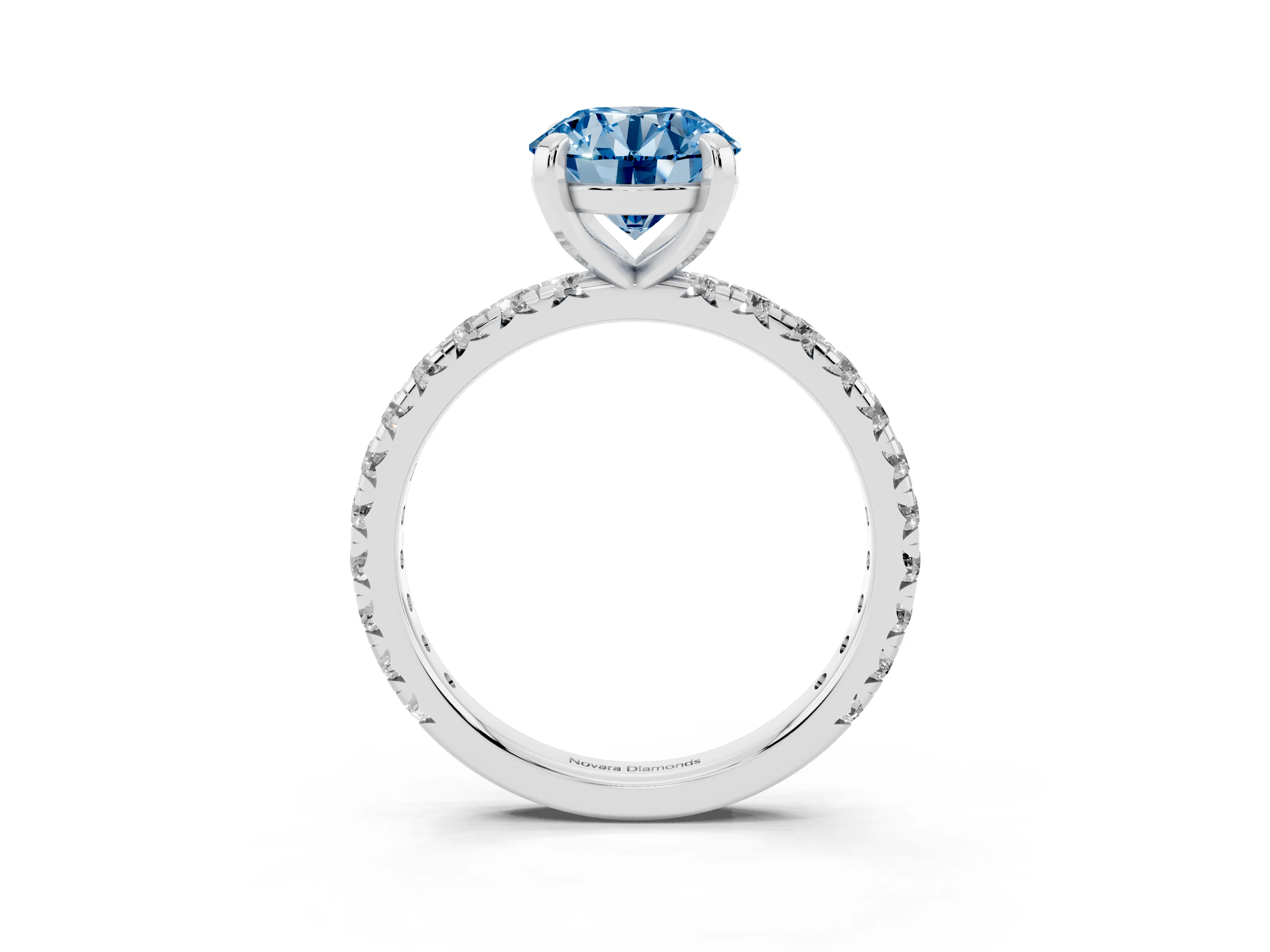 Fancy Blue Round Cut Diamond Pavé Solitaire Ring Set in White gold with Round Band and Prong Setting