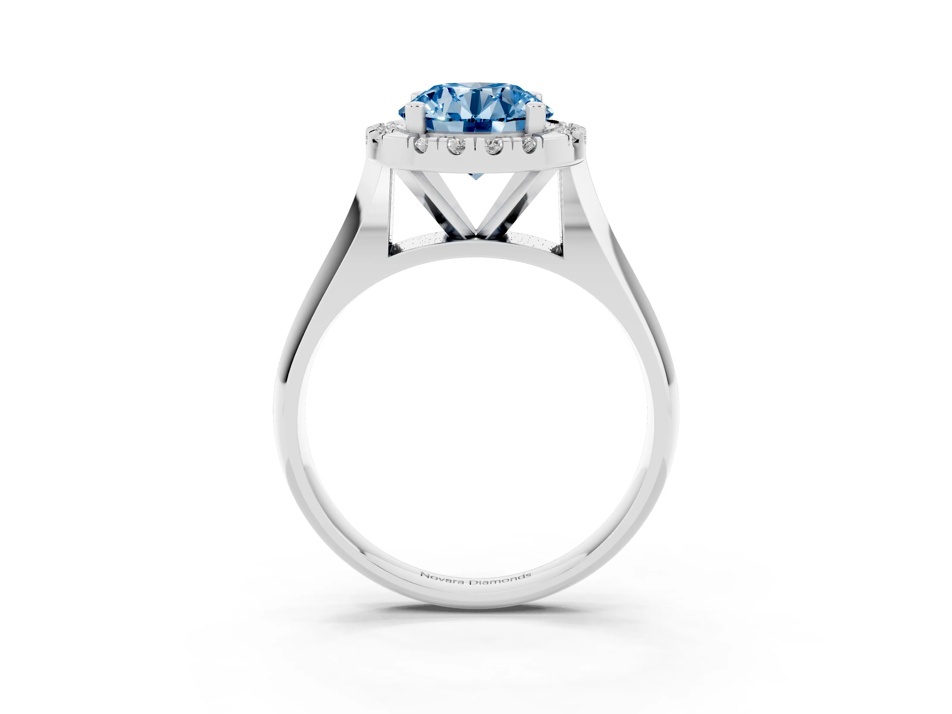 Fancy Blue Round Cut Diamond Halo Solitaire Engagement Ring Set in Platinum with Square Band and Prong Setting