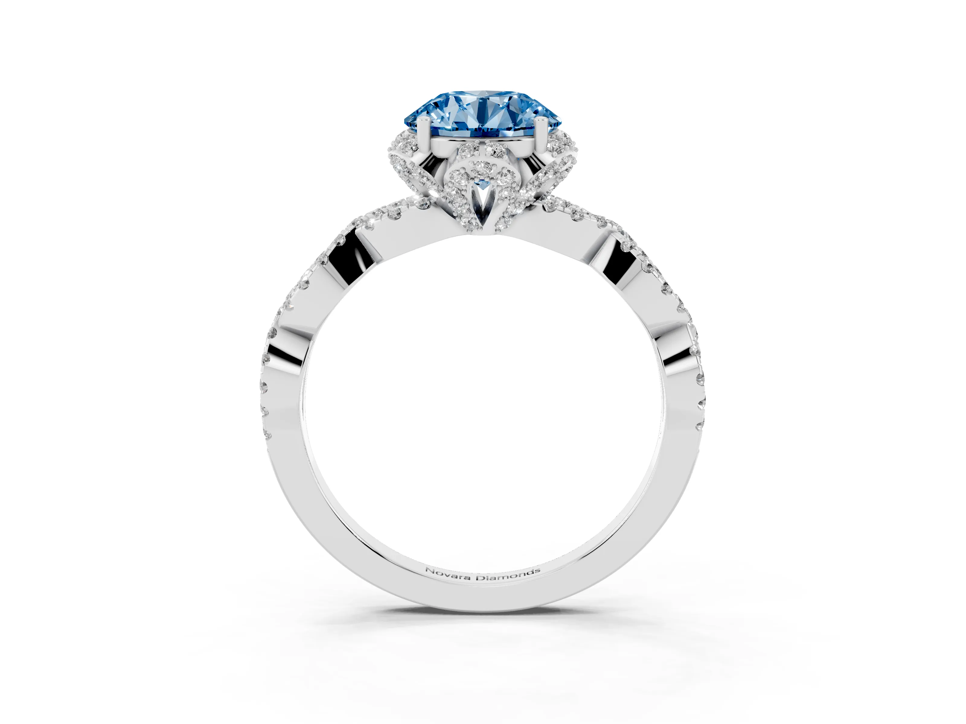 Fancy Blue Round Cut Diamond Halo Twist Band Solitaire Ring Set in Silver with Prong-Set Center Stone