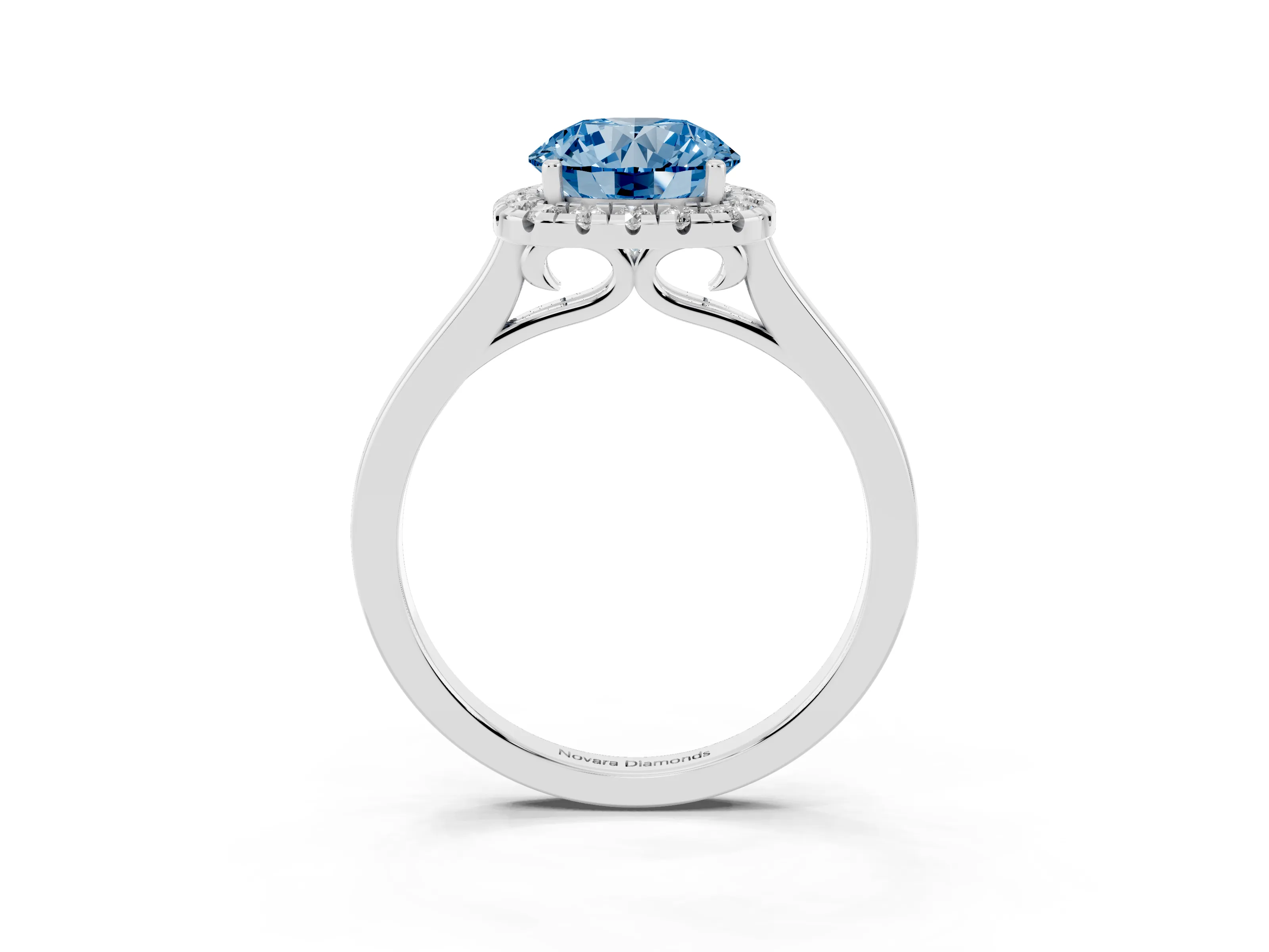 Fancy Blue Round Cut Halo Round Diamond Solitaire Ring Set in White gold with Pavé Band and Prong Setting