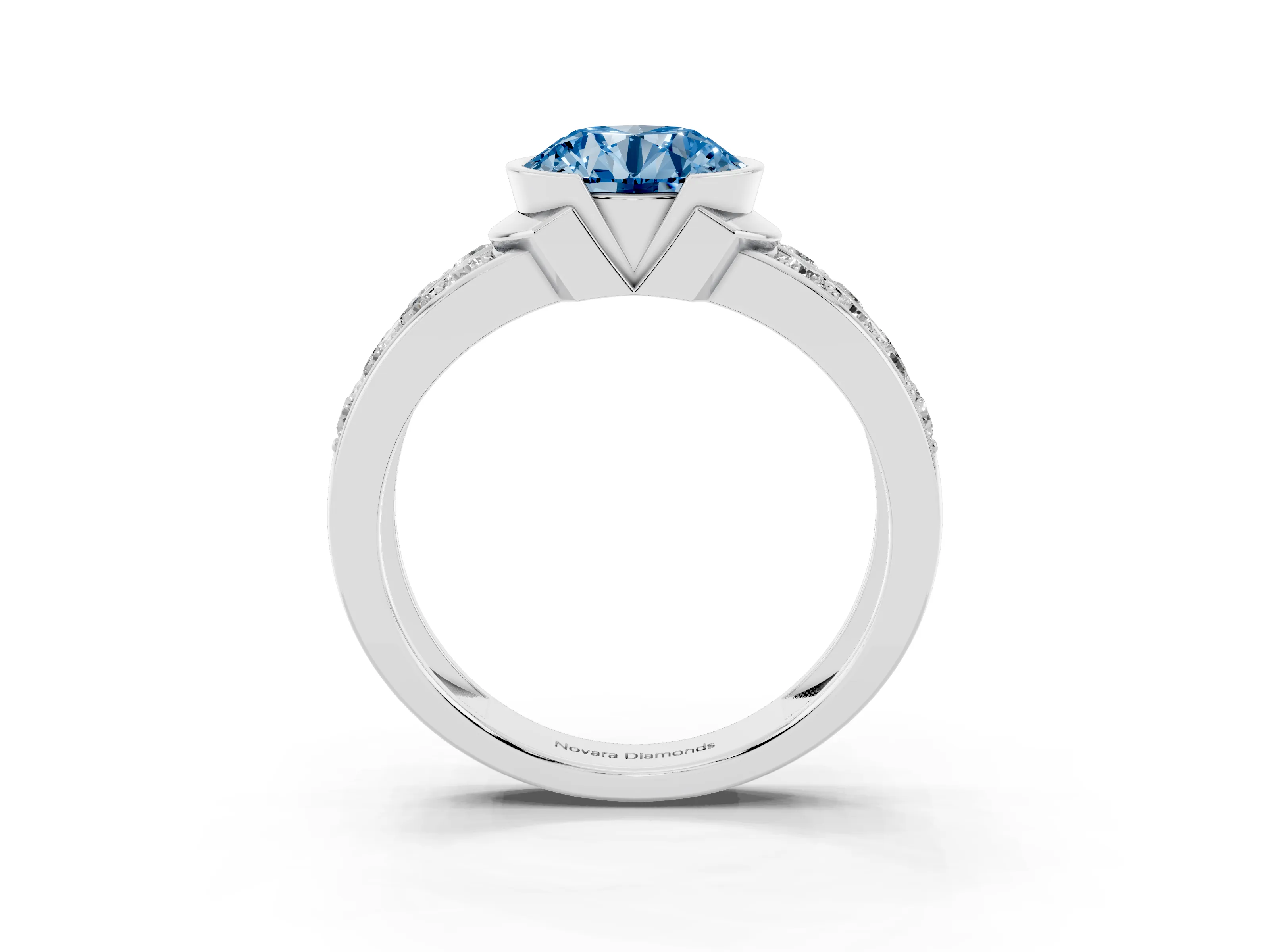 Fancy Blue Round Cut Diamond Wide Channel Set Band Ring Set in White gold with Bezel Setting