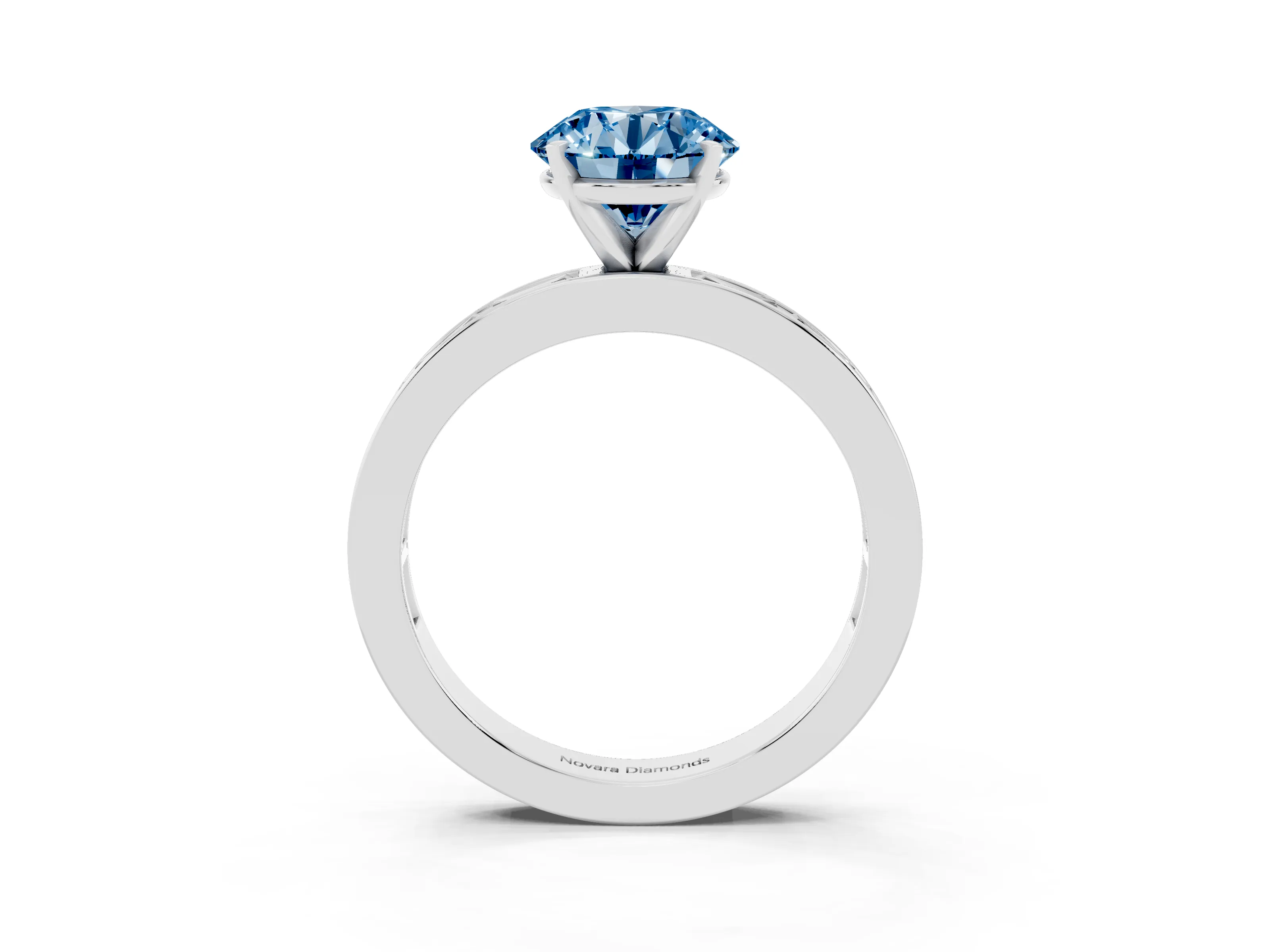 Fancy Blue Round Cut Diamond Solitaire Ring Set in Platinum with Channel-Set Baguette Band and Prong Setting