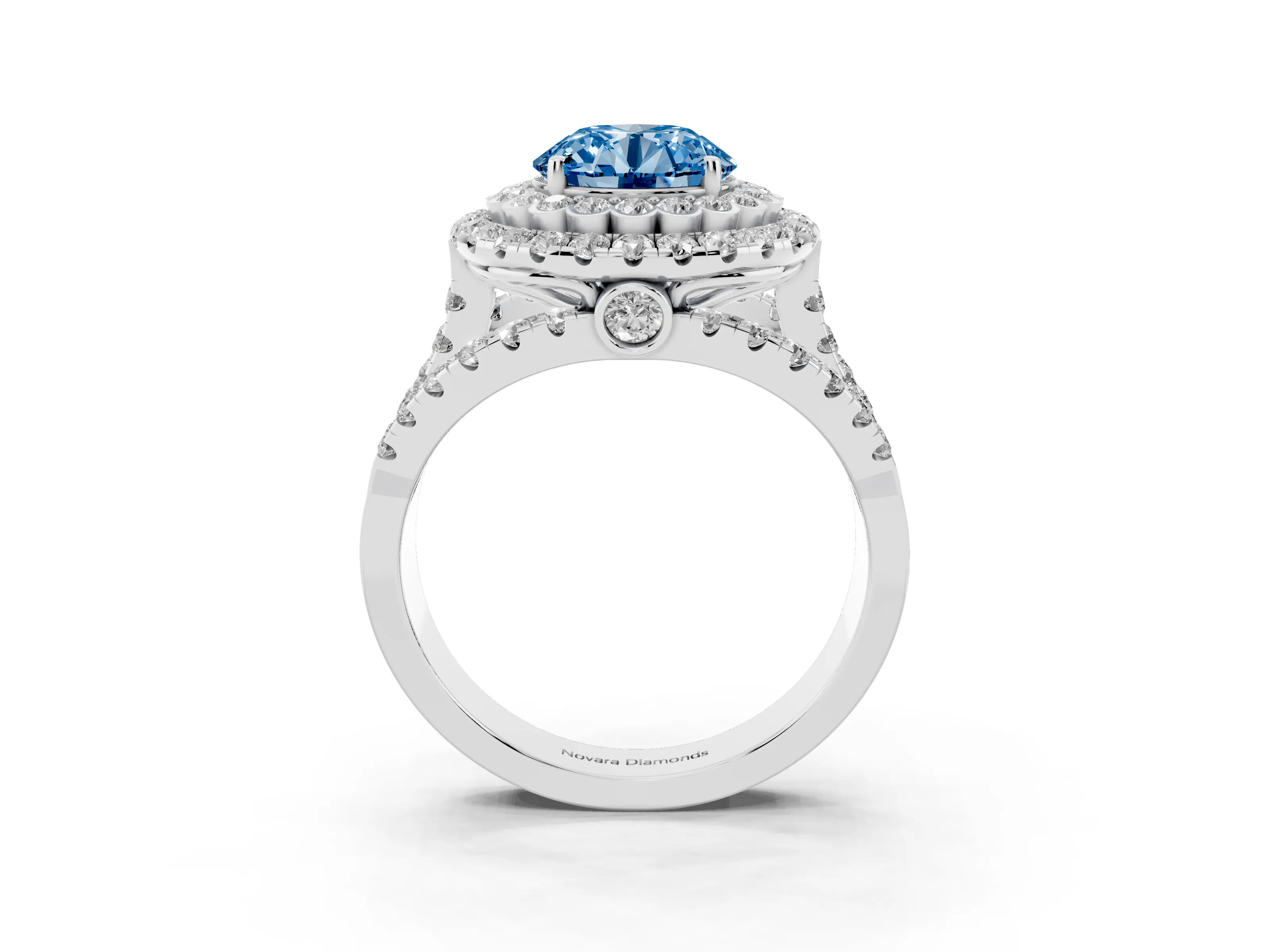 Fancy Blue Round Cut Diamond Double Halo Ring Set in White gold with Round Pavé Split Shank