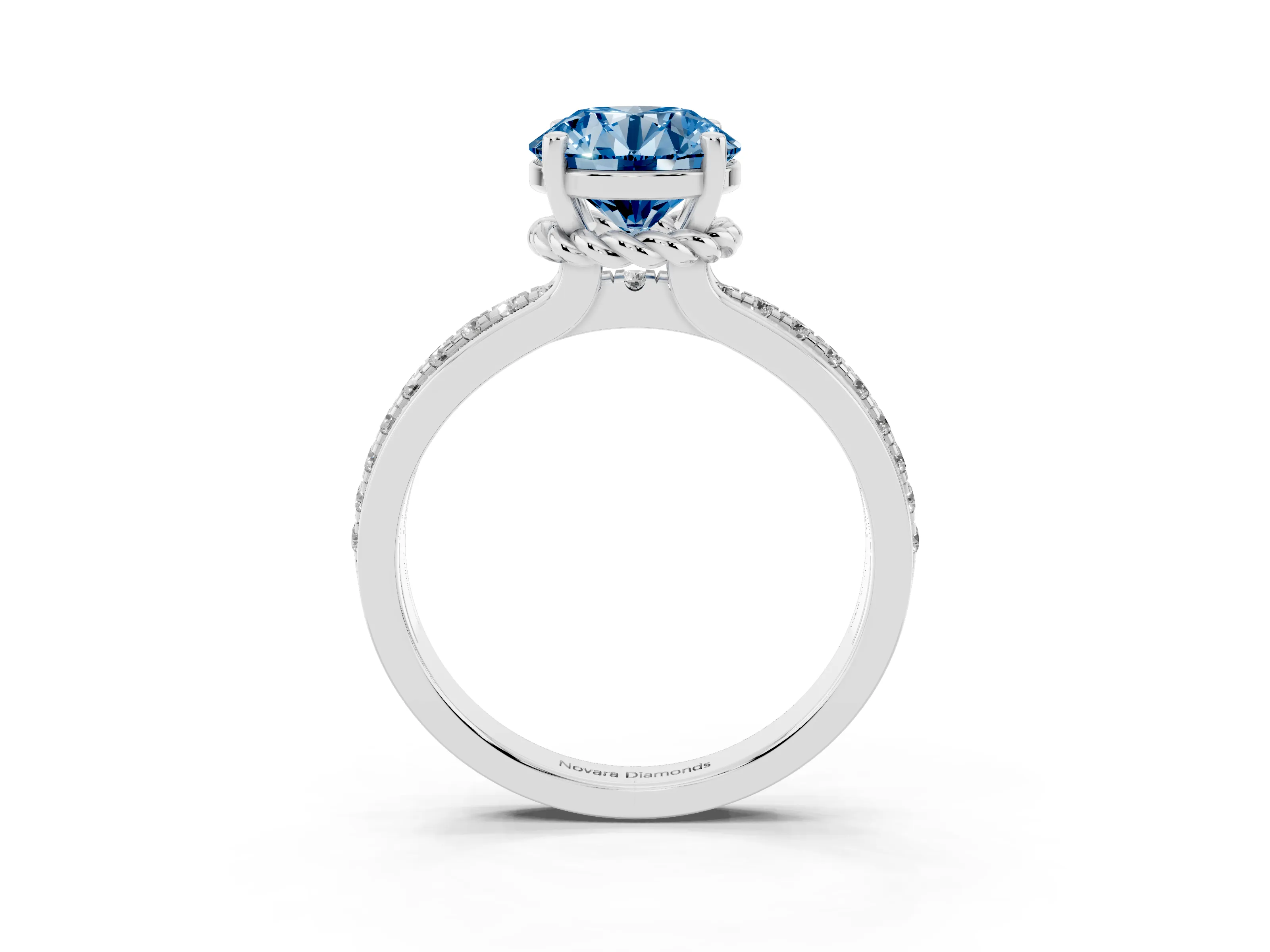 Fancy Blue Round Cut Diamond Solitaire Ring Set in Platinum with Channel Set Band and Prong Setting
