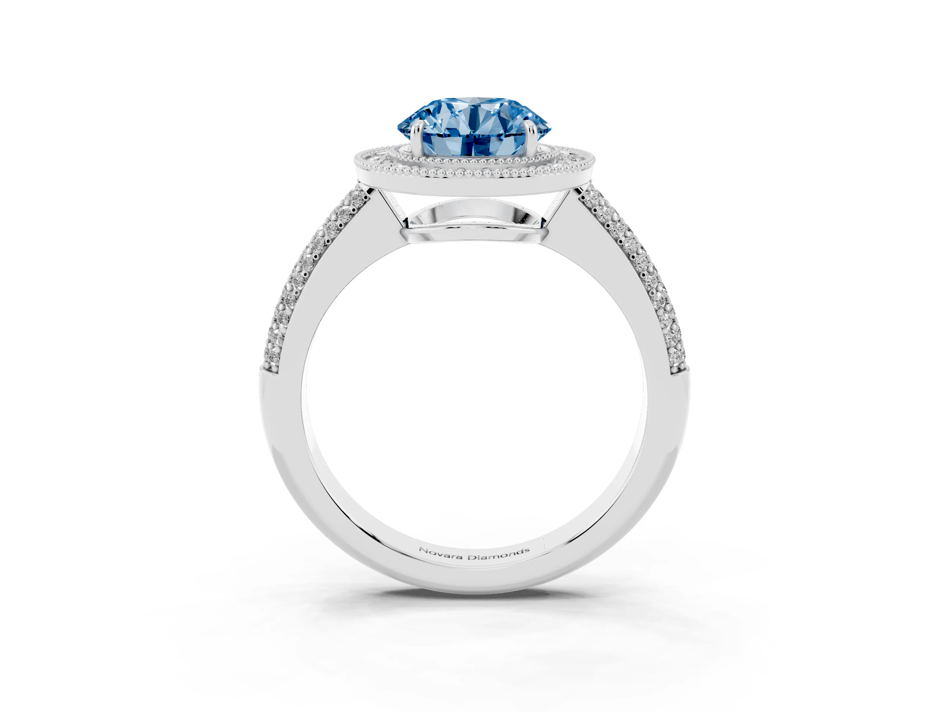 Fancy Blue Round Cut Diamond Halo Pavé Band Set in White gold with Prong Setting