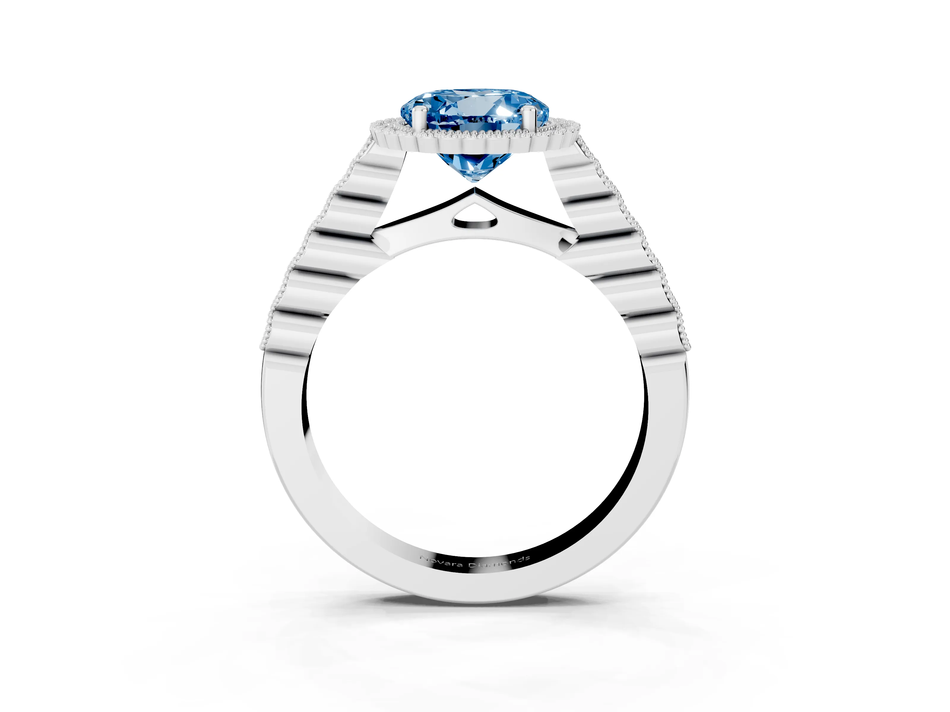 Fancy Blue Round Cut Diamond Halo Ring Set in Platinum with Pavé Milgrain Band
