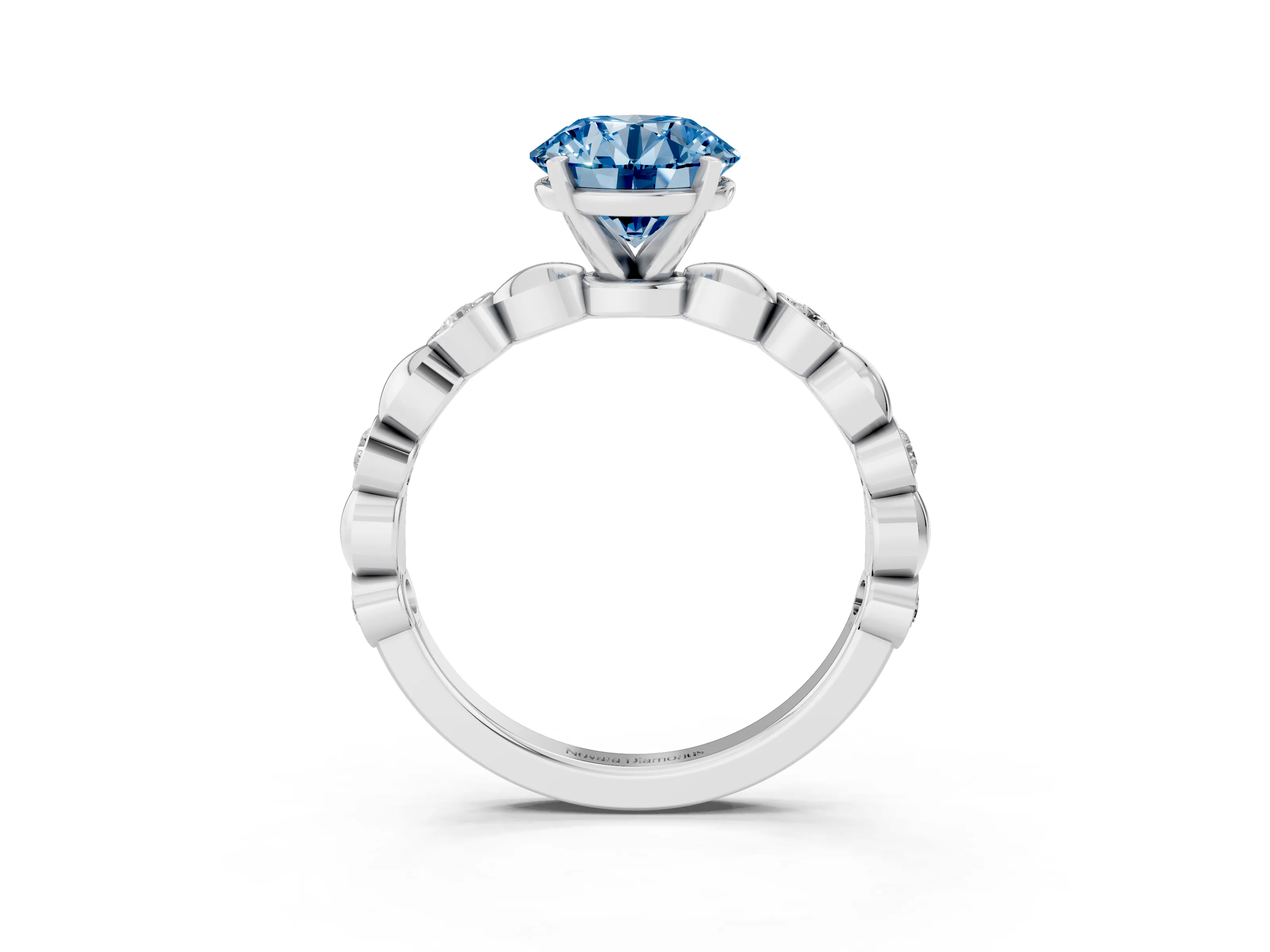 Fancy Blue Round Cut Diamond Solitaire Ring Set in Silver with Bezel-Set Accents on Beaded Band and Prong Setting
