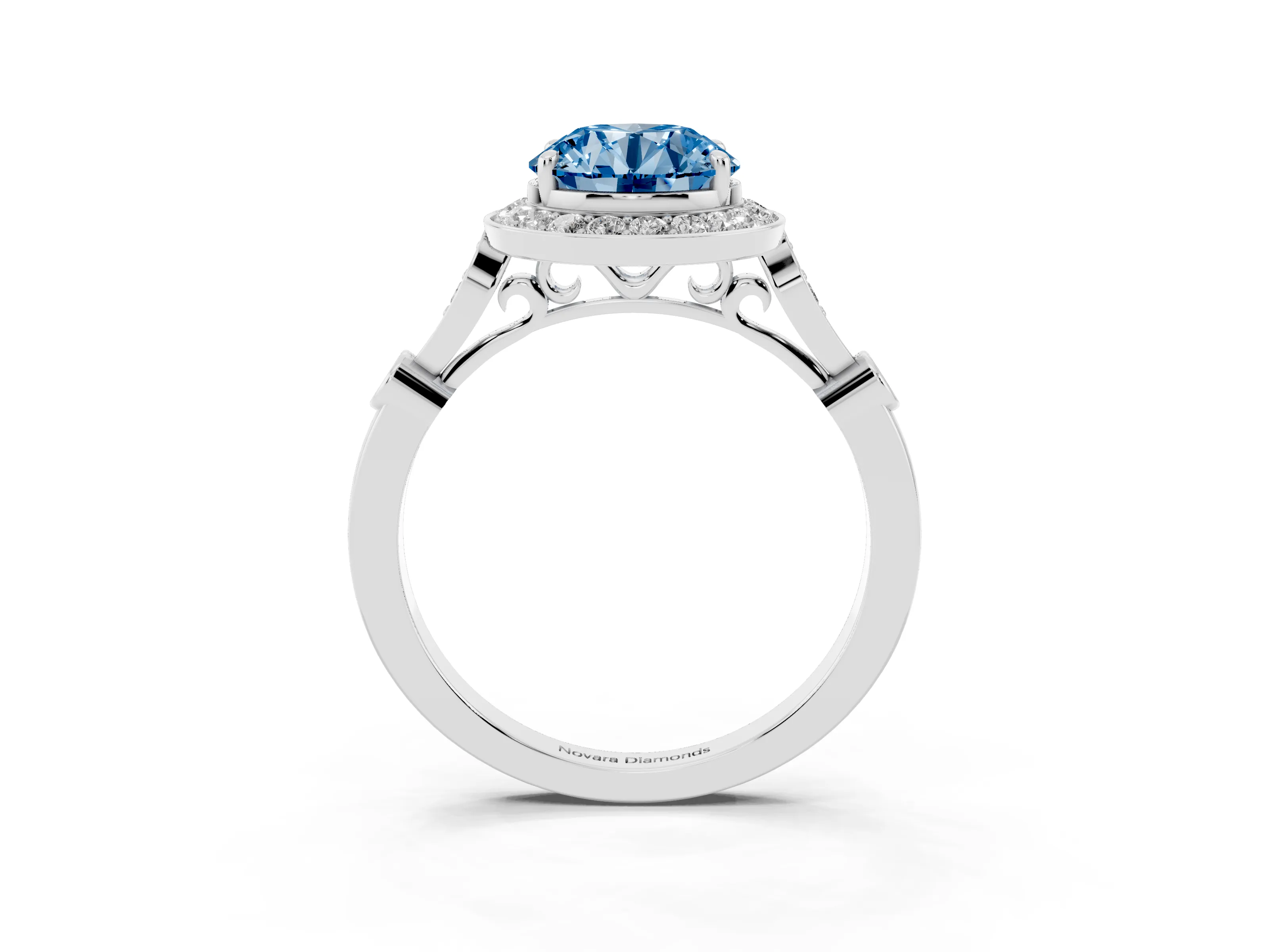 Fancy Blue Round Cut Diamond Halo Engagement Ring Set in Platinum with Twisted Band and Prong Setting
