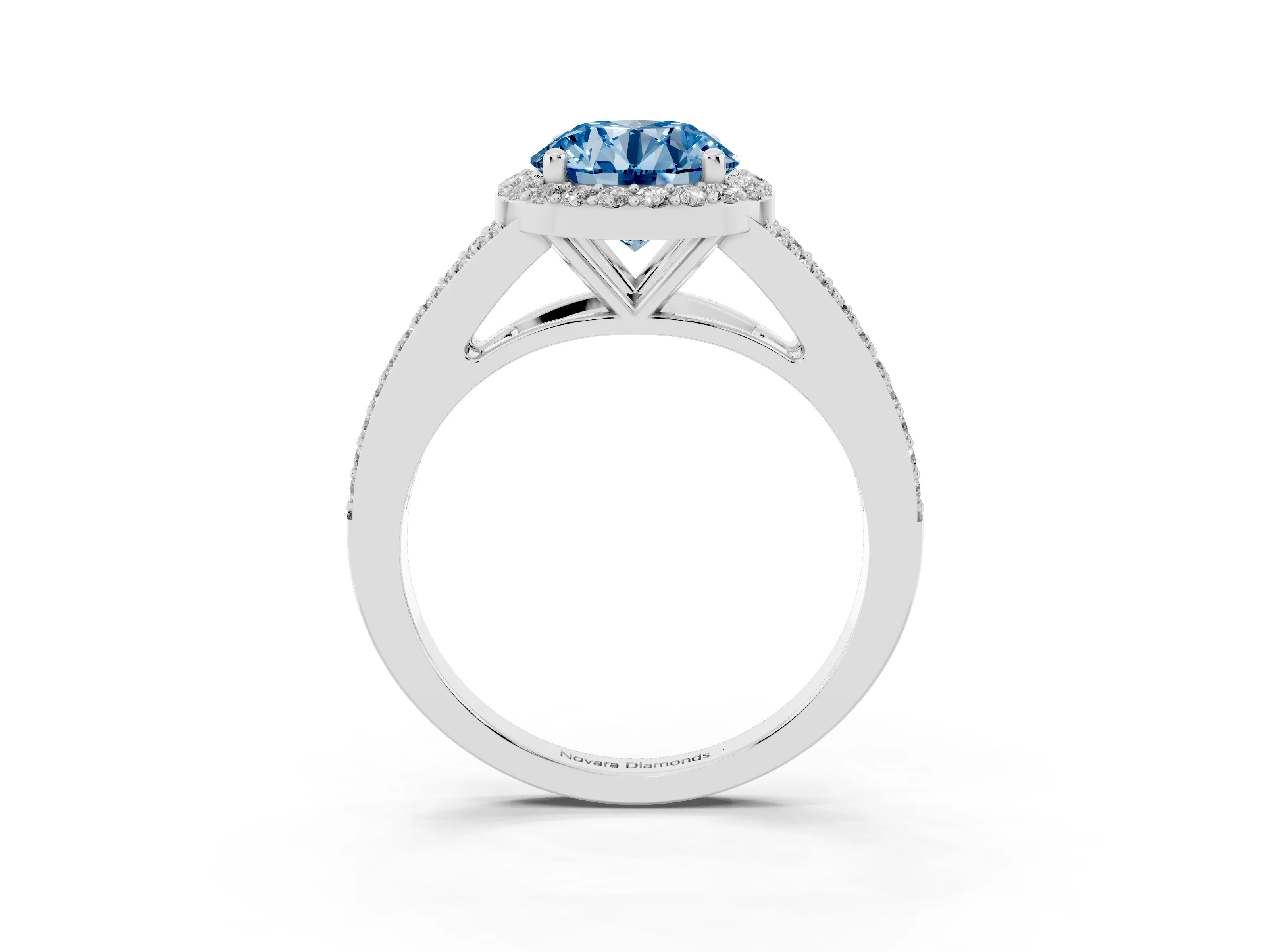 Fancy Blue Round Cut Diamond Halo Split Shank Pavé Ring Set in White gold with Prong Setting