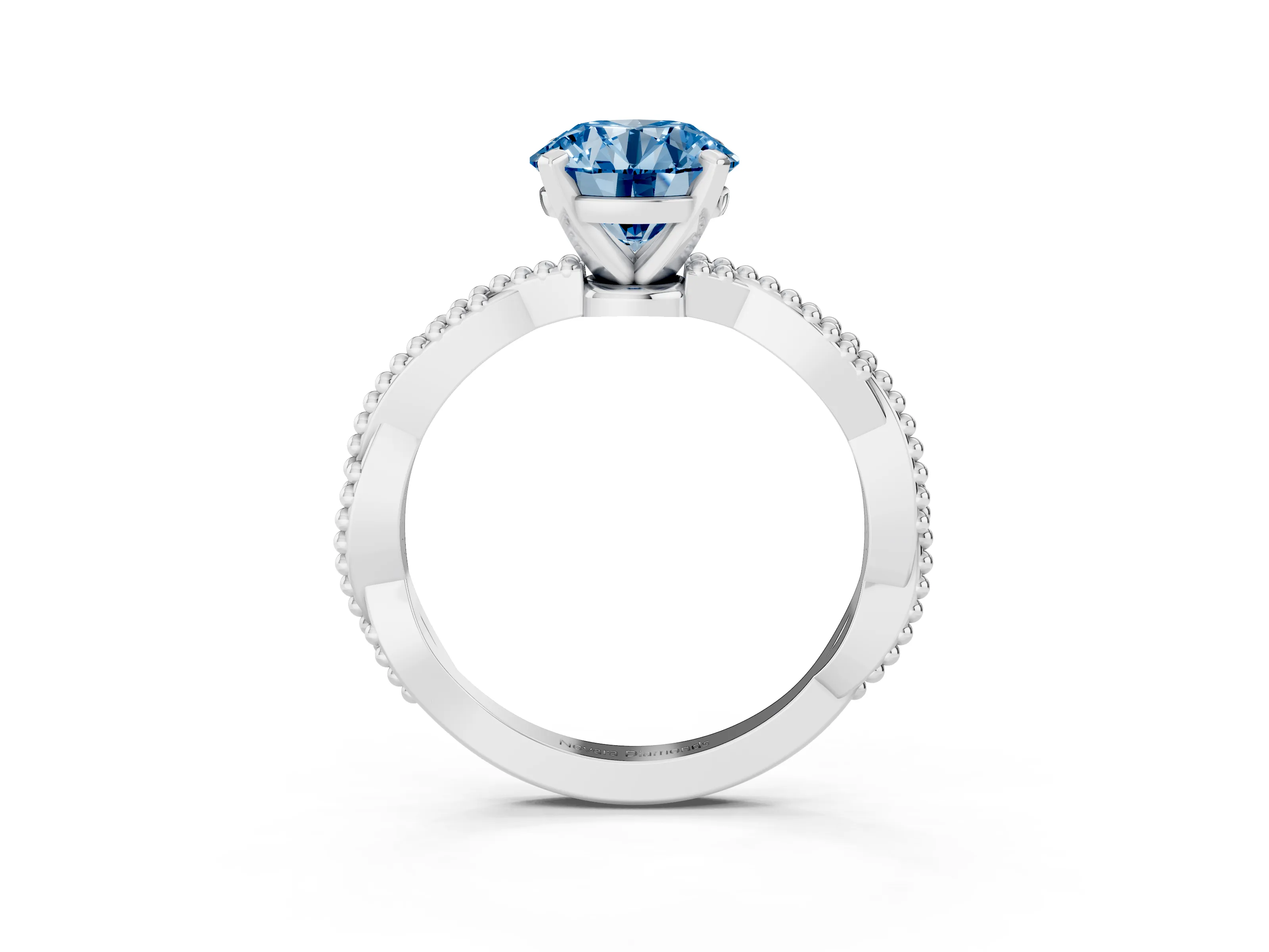 Fancy Blue Round Cut Diamond Solitaire Ring Set in Platinum with Twisted Band and Bead Prong Setting