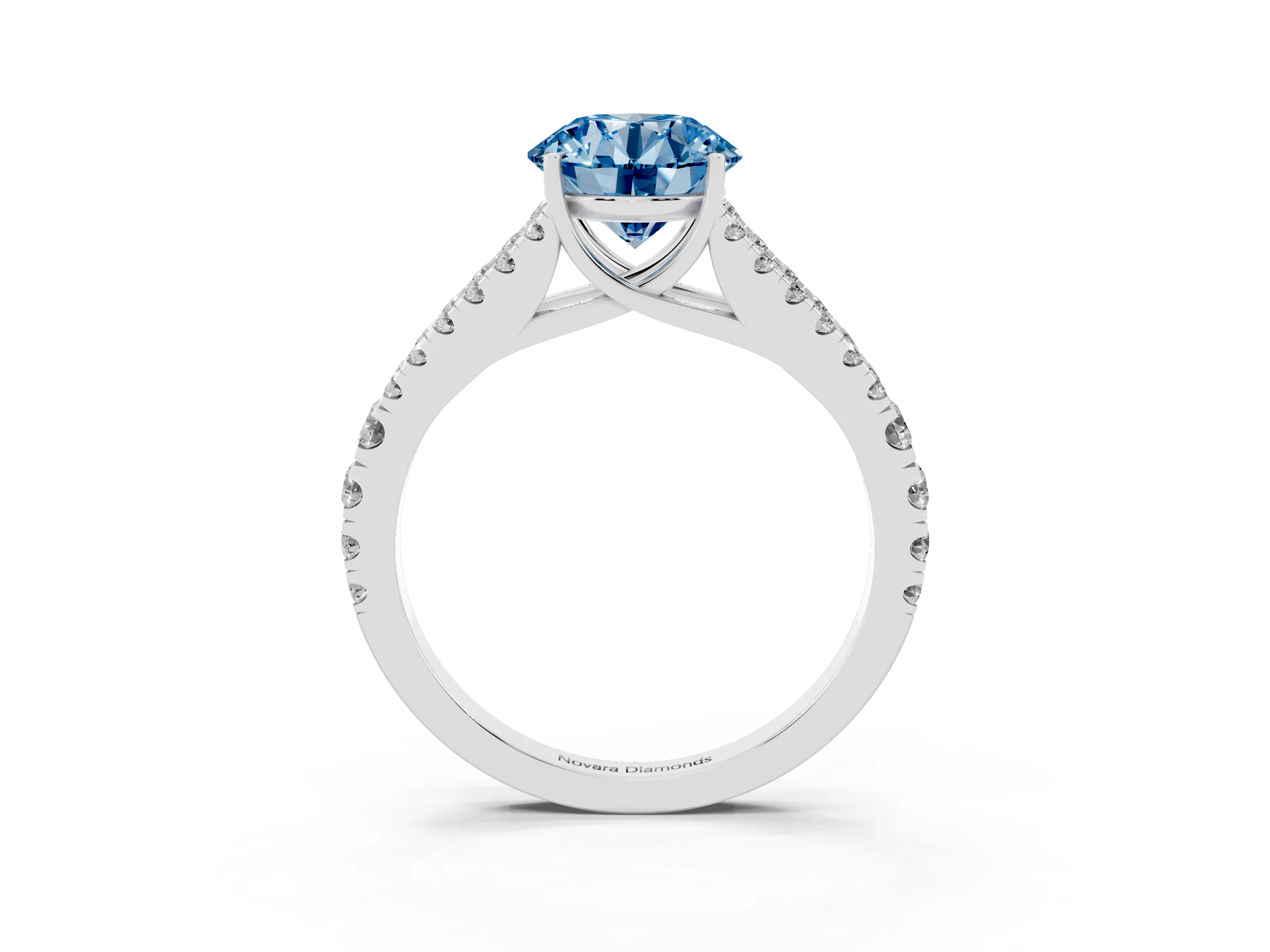 Fancy Blue Round Cut Diamond Split Shank Pavé Engagement Ring Set in Silver with Prong-Held Center Stone