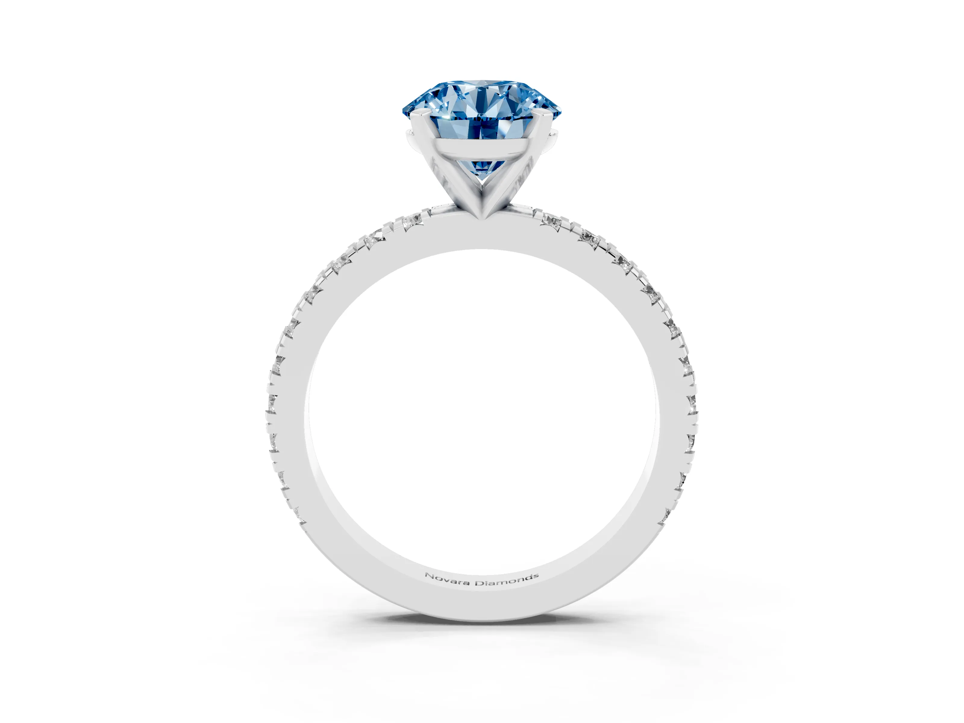 Fancy Blue Round Cut Diamond Pavé Band Solitaire Set in Platinum with Prong Setting