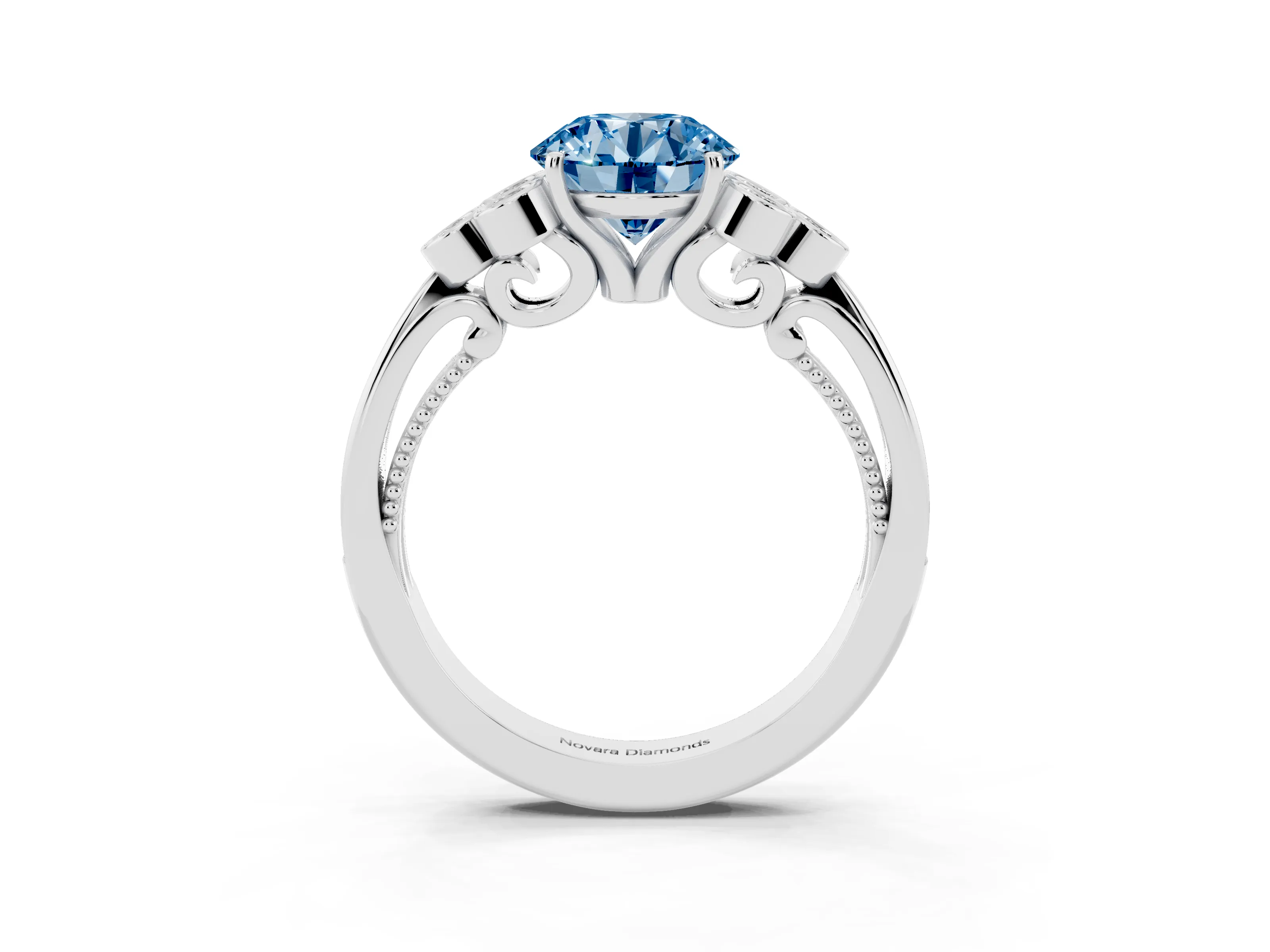 Fancy Blue Round Cut Diamond Engagement Ring Set in Platinum with Bezel Set Round Side Stones and Prong Setting