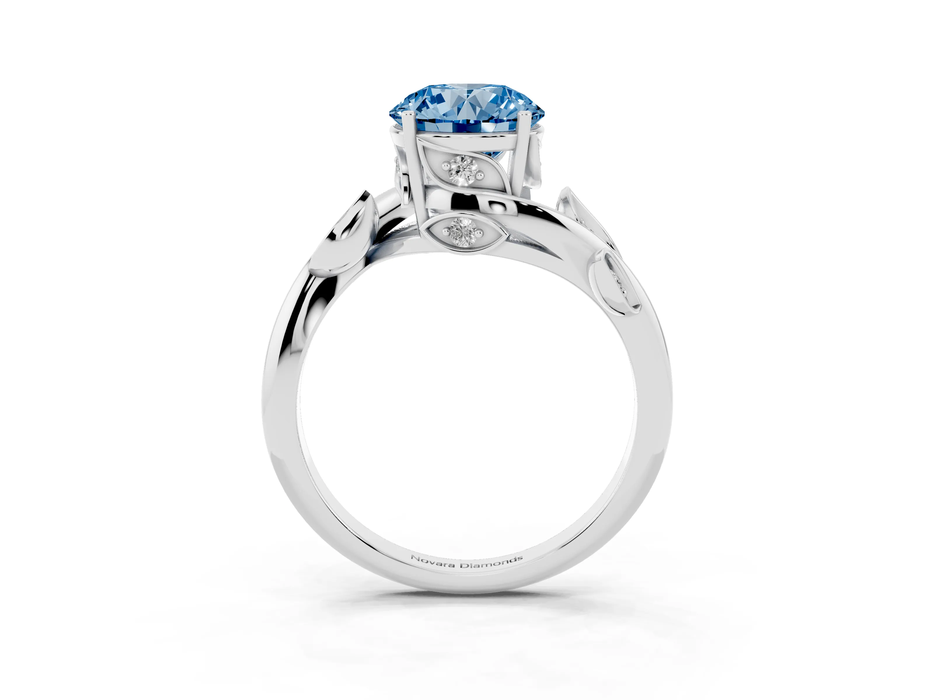 Fancy Blue Round Cut Diamond Solitaire Twist Engagement Ring Set in Silver with Pavé Leaf Accents