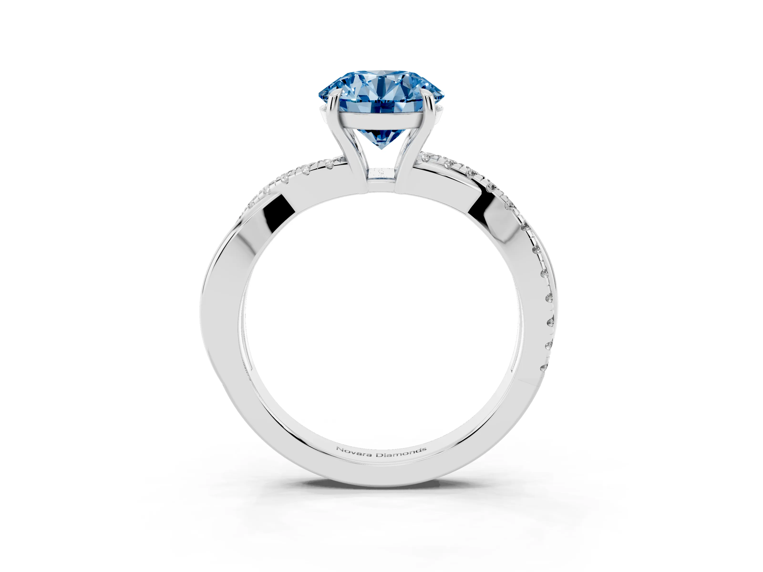 Fancy Blue Round Cut Diamond Twisted Pavé Band Ring Set in Silver with Prong Setting