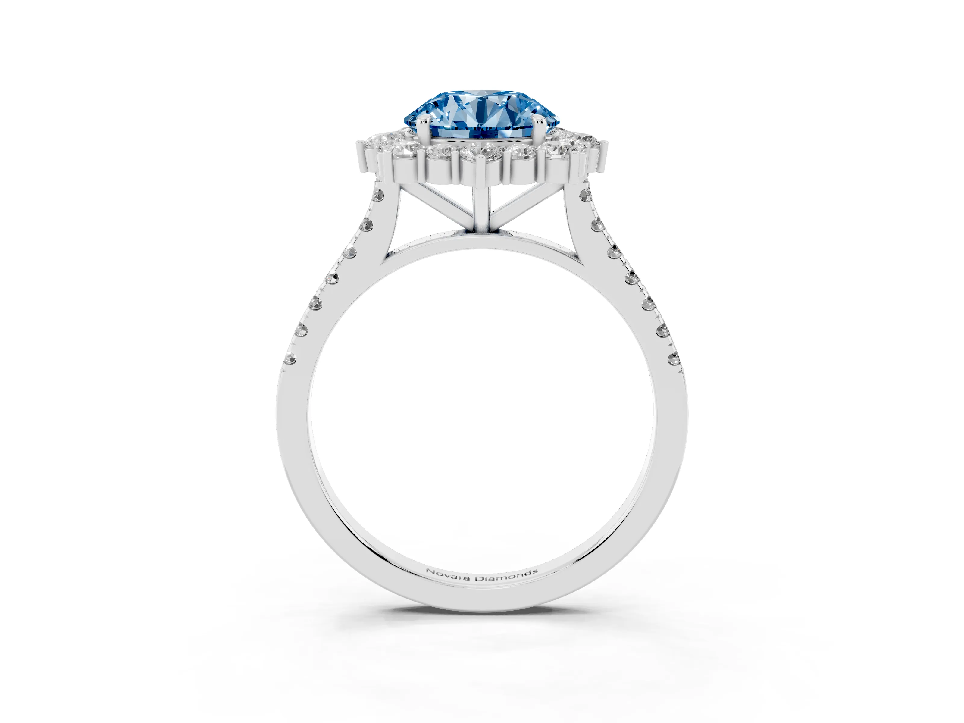 Fancy Blue Round Cut Diamond Halo Ring Set in Silver with Pavé Band and Prong Setting