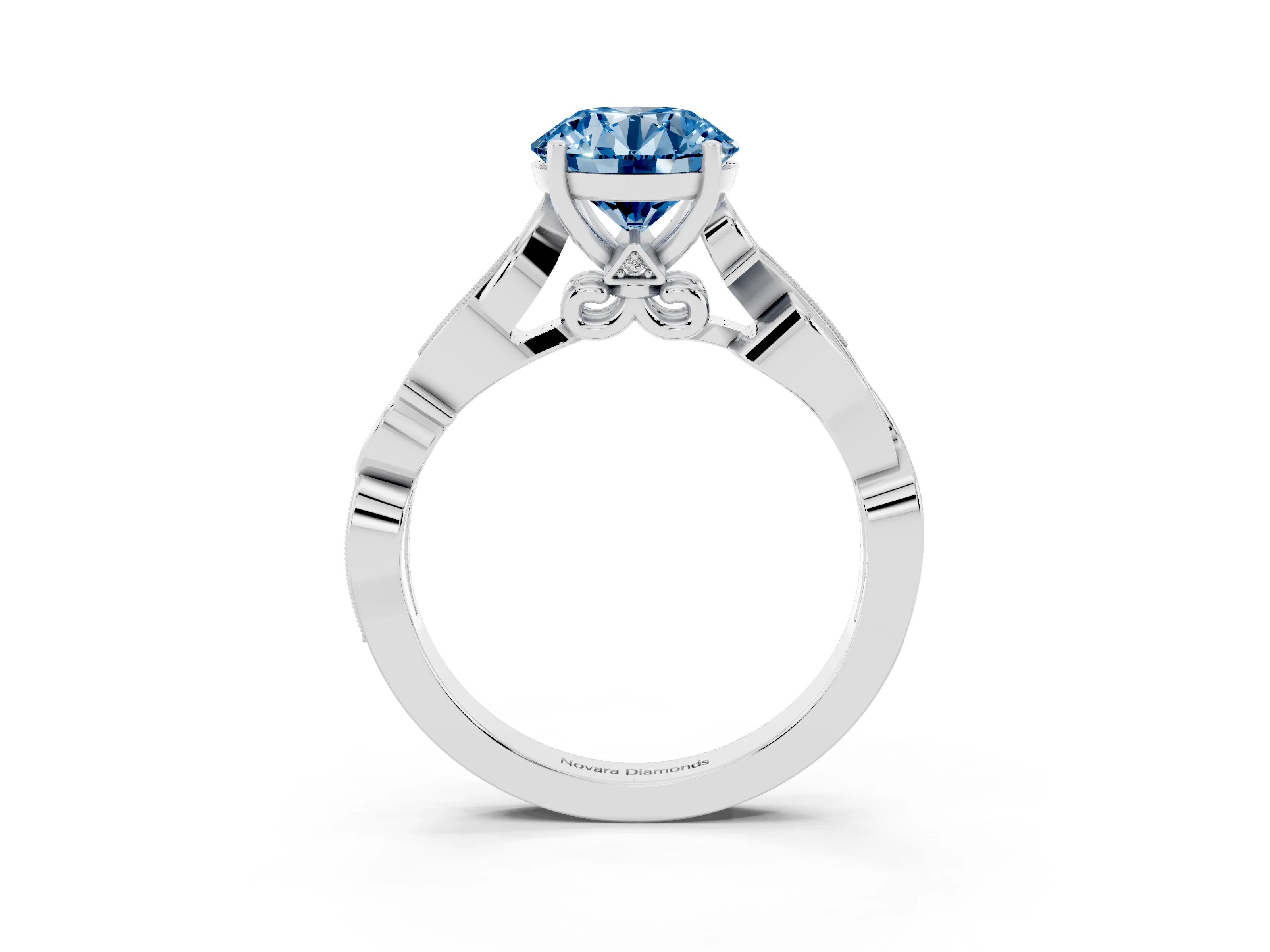 Fancy Blue Round Cut Diamond Vine Band Solitaire Ring Set in Platinum with Milgrain Prong Setting