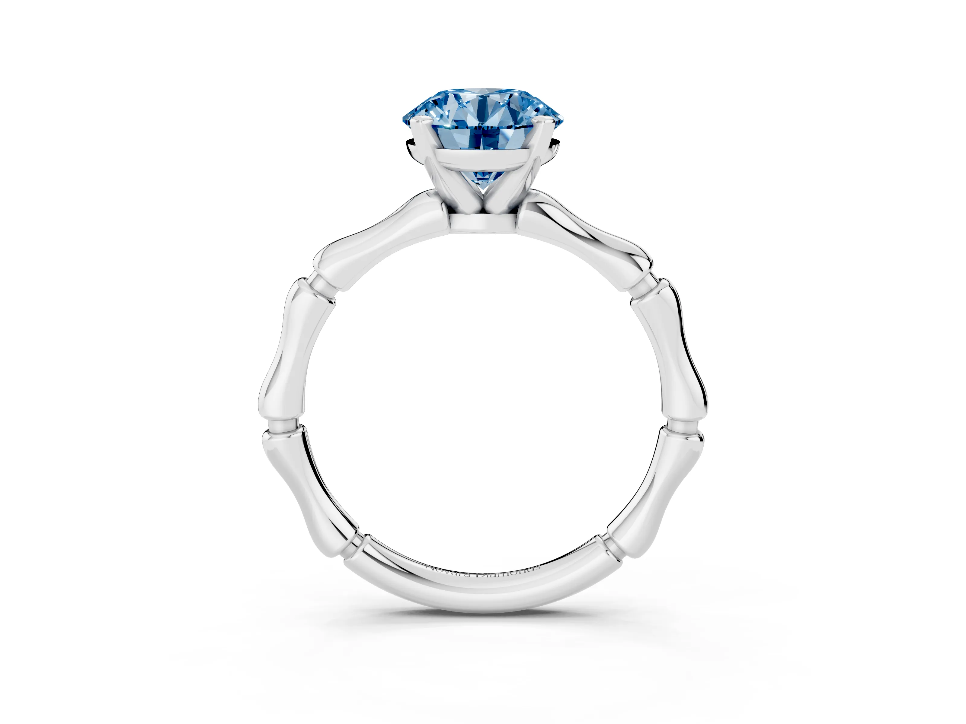 Fancy Blue Round Cut Diamond Solitaire Ring Set in Silver with Bamboo Band and Prong Setting