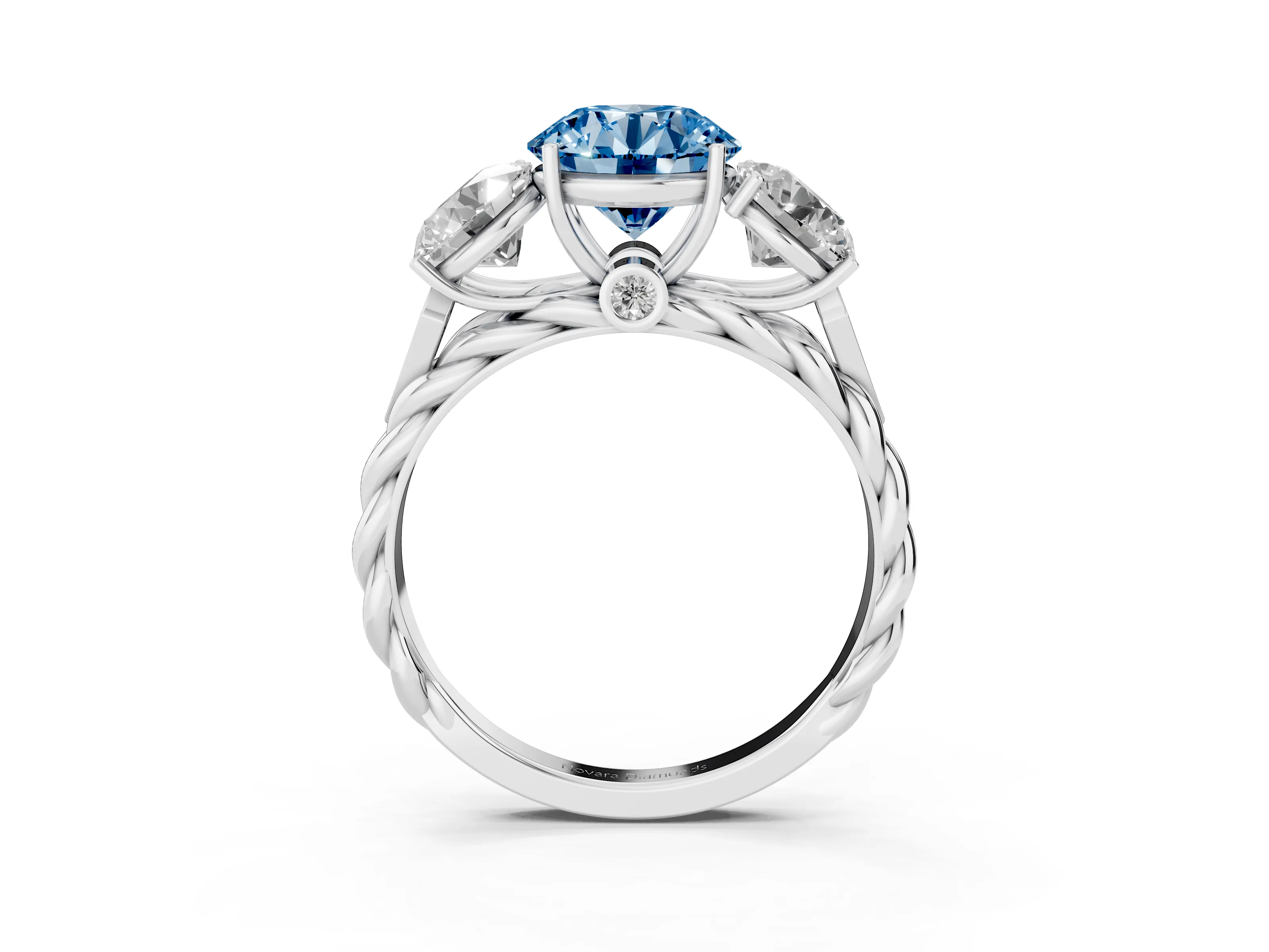 Fancy Blue Round Cut Diamond Three-Stone Ring Set in Platinum with Braided Band