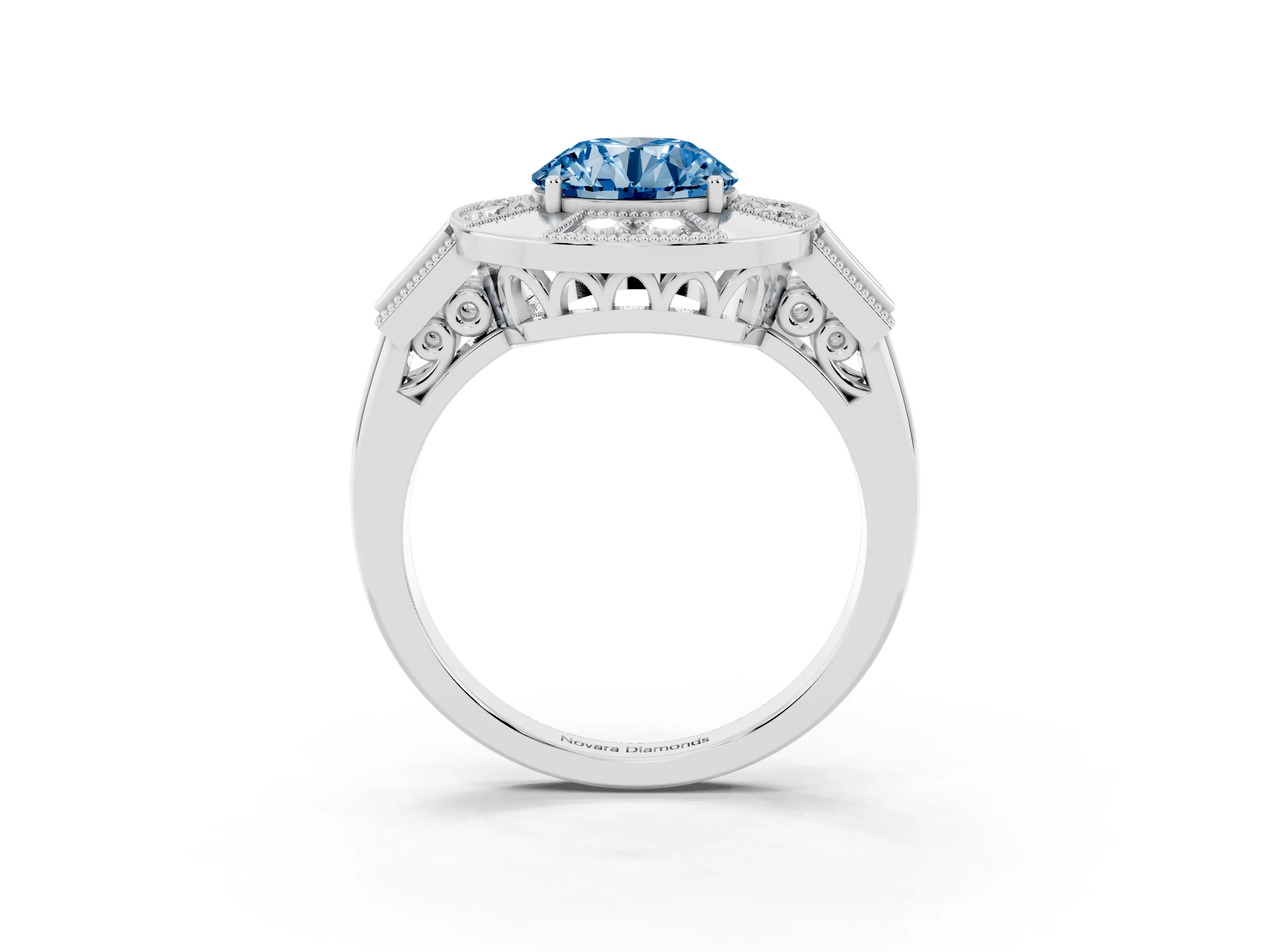 Fancy Blue Round Cut Diamond Milgrain Halo Ring Set in Silver with Split Shank