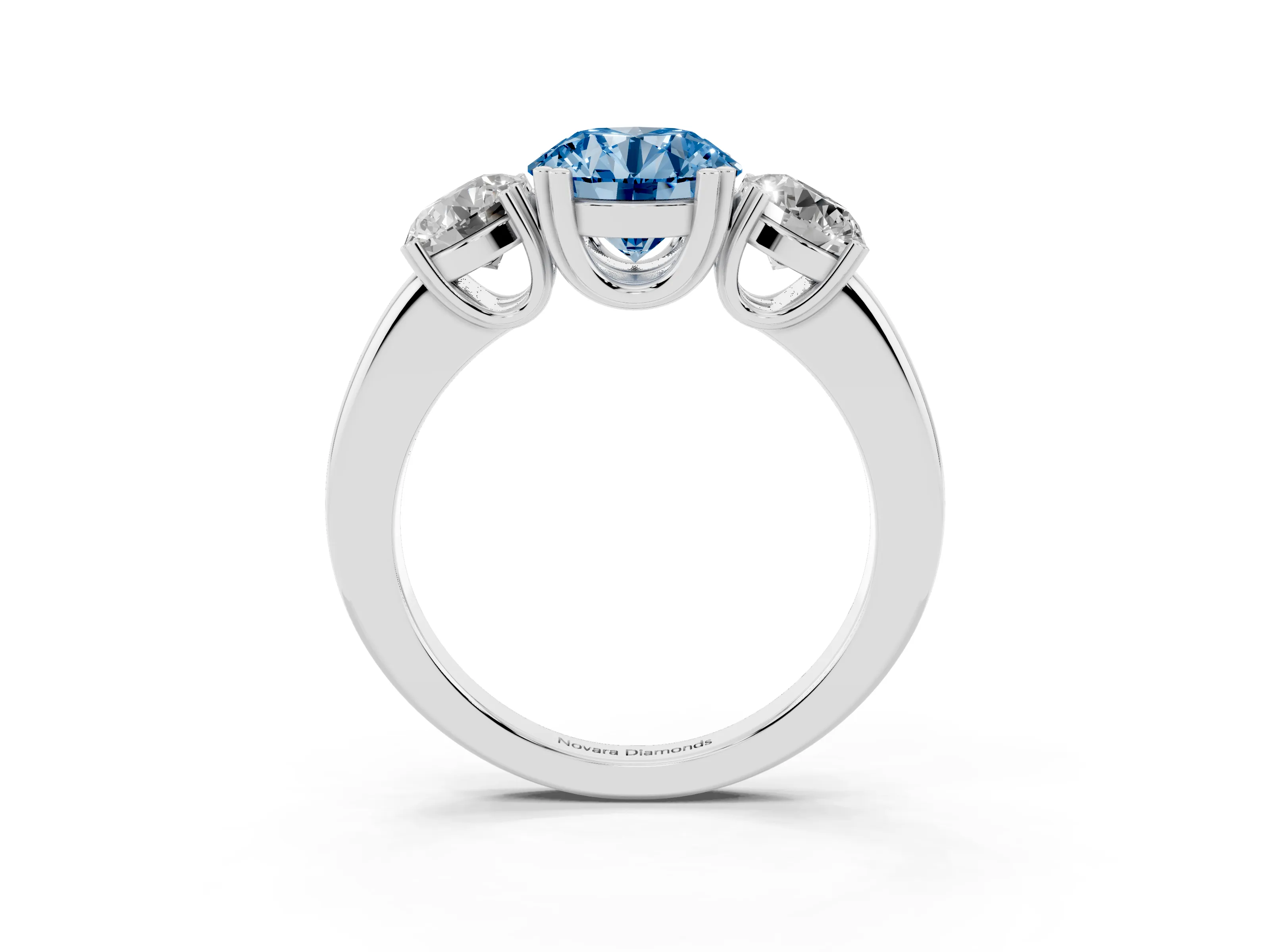 Fancy Blue Round Cut Diamond Three-Stone Ring Set in White gold with Polished Channel-Set Band