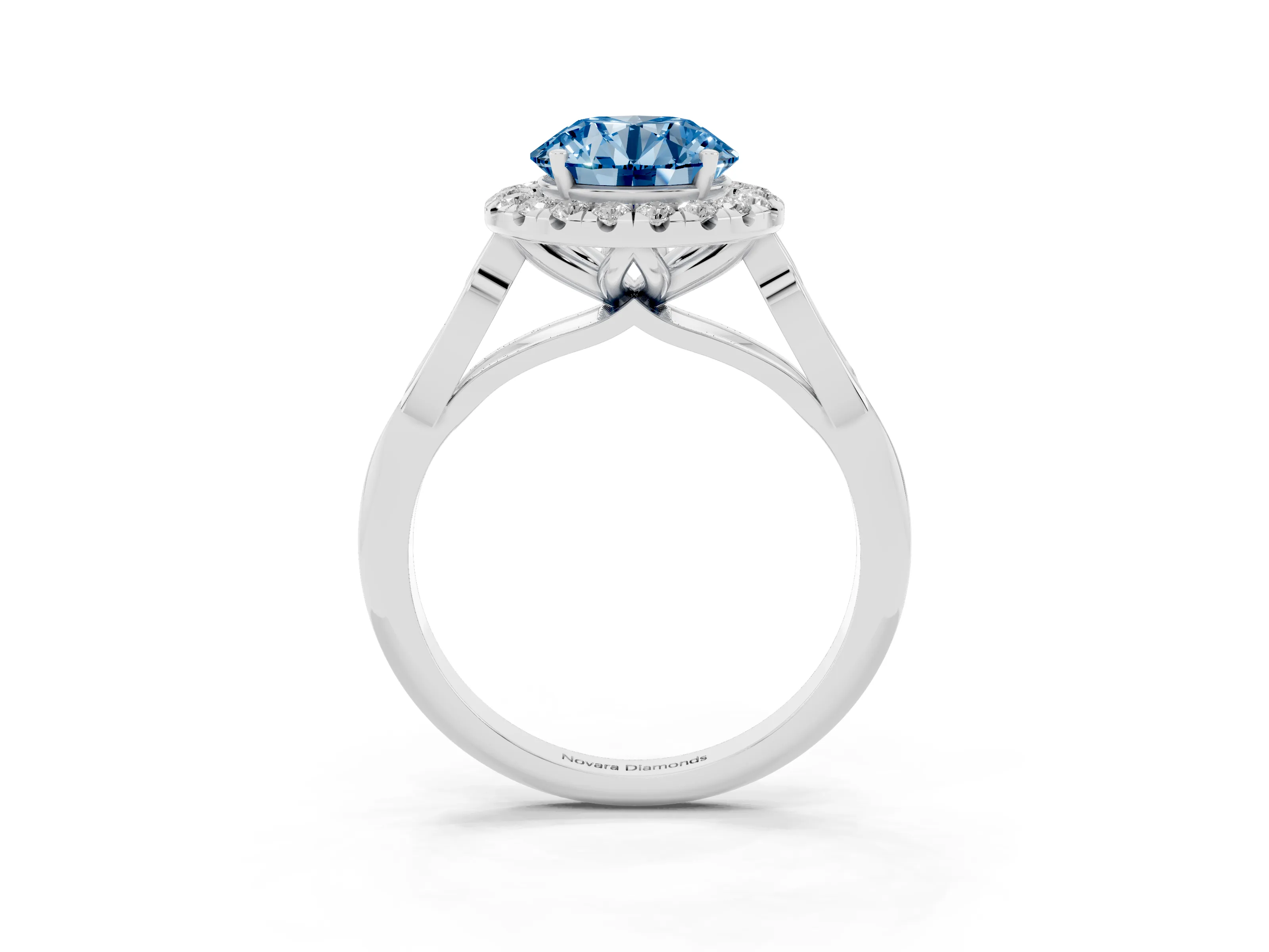 Fancy Blue Round Cut Diamond Halo Engagement Ring Set in Platinum with Filigree Band and Prong-Set Center