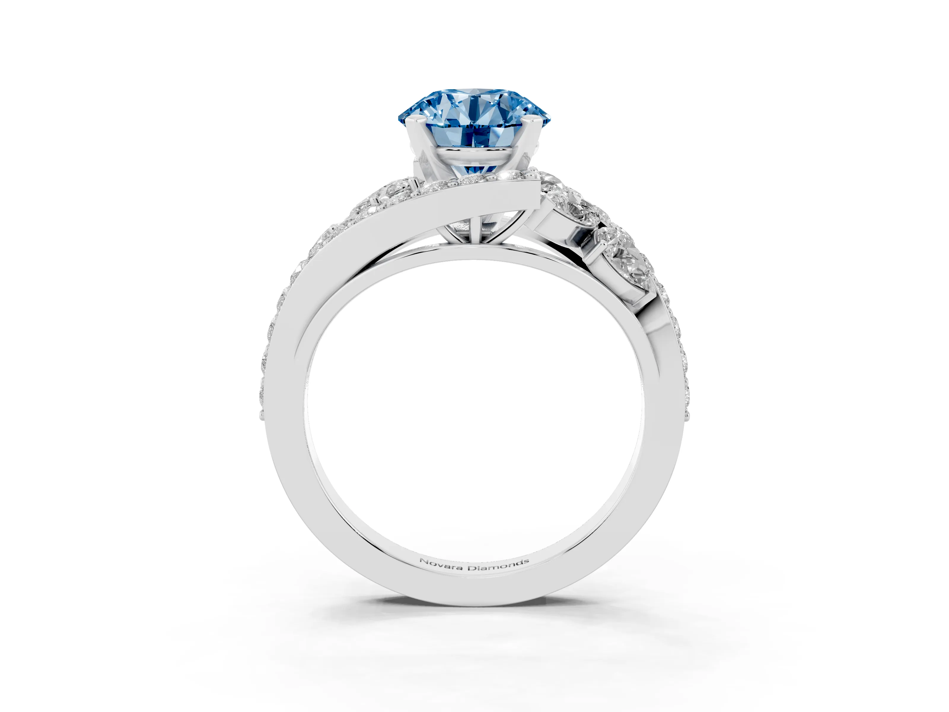 Fancy Blue Round Cut Diamond Halo Ring Set in Platinum with Marquise and Pavé Band in Prong Setting