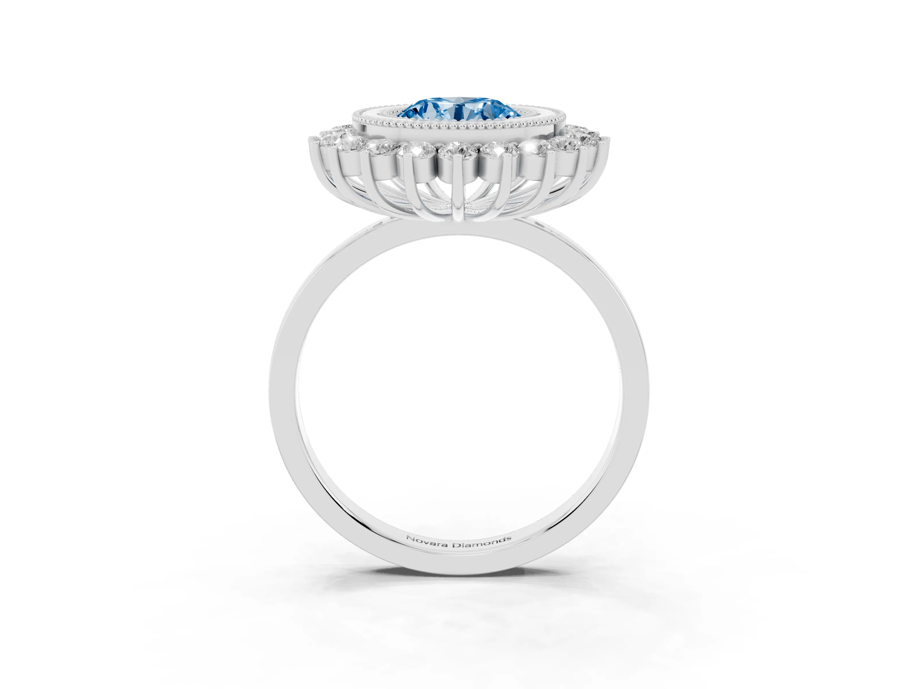 Fancy Blue Round Cut Diamond Halo Ring Set in Silver with Milgrain Edge and Round Prong Setting