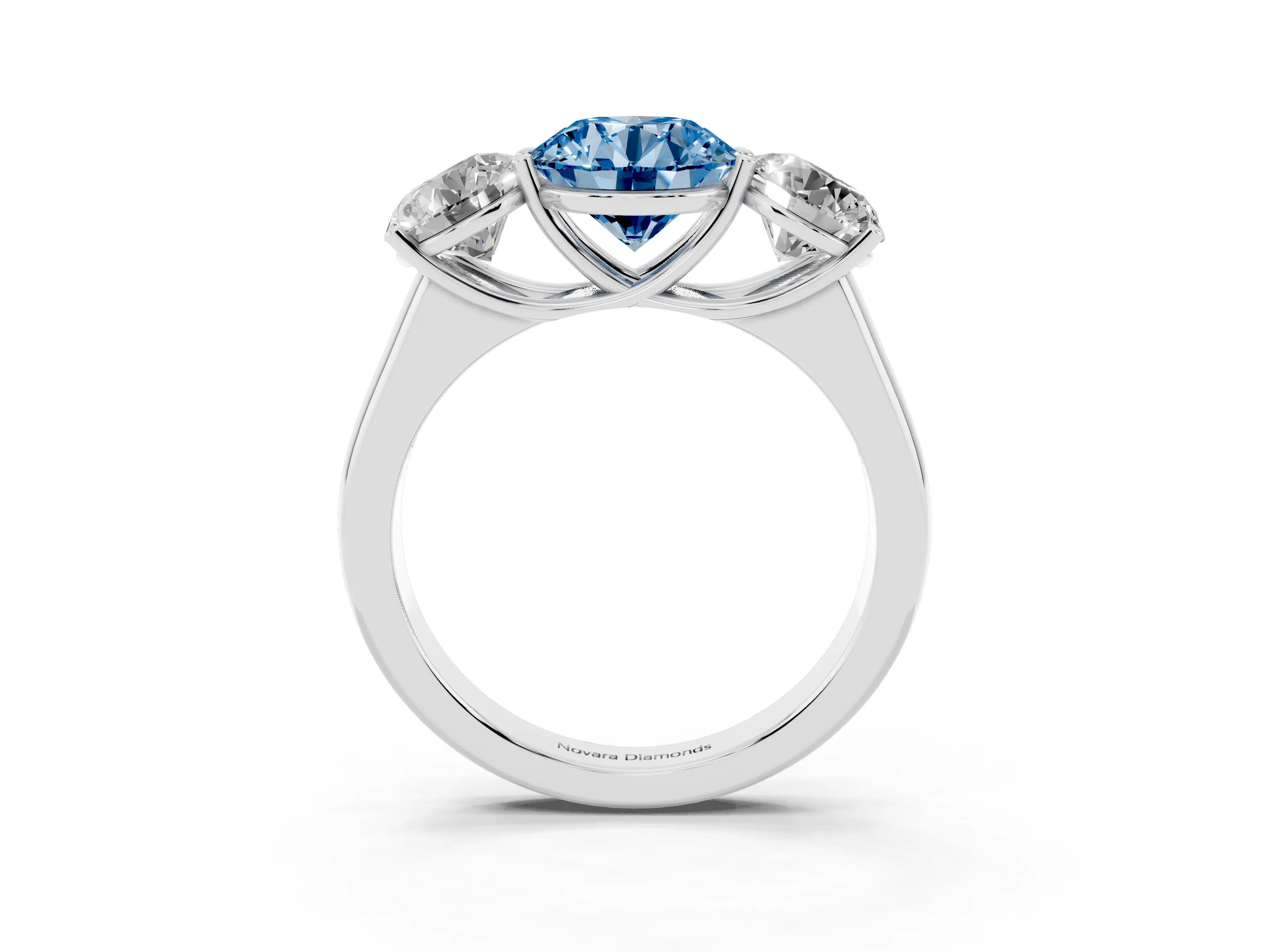 Fancy Blue Round Cut Diamond Three-Stone Ring Set in Silver with Plain Polished Band