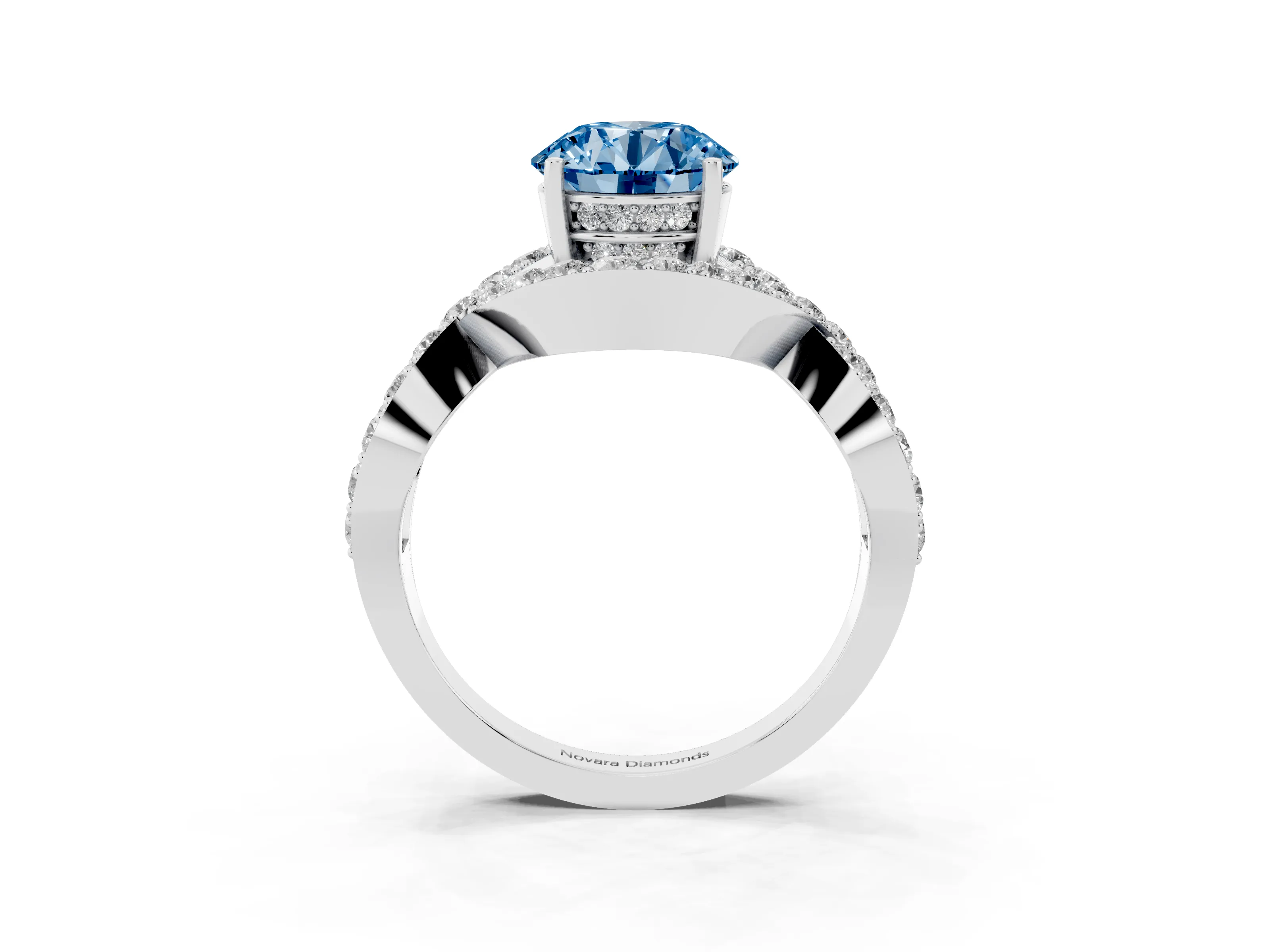 Fancy Blue Round Cut Diamond Solitaire Twist Band Pavé Engagement Ring Set in White gold