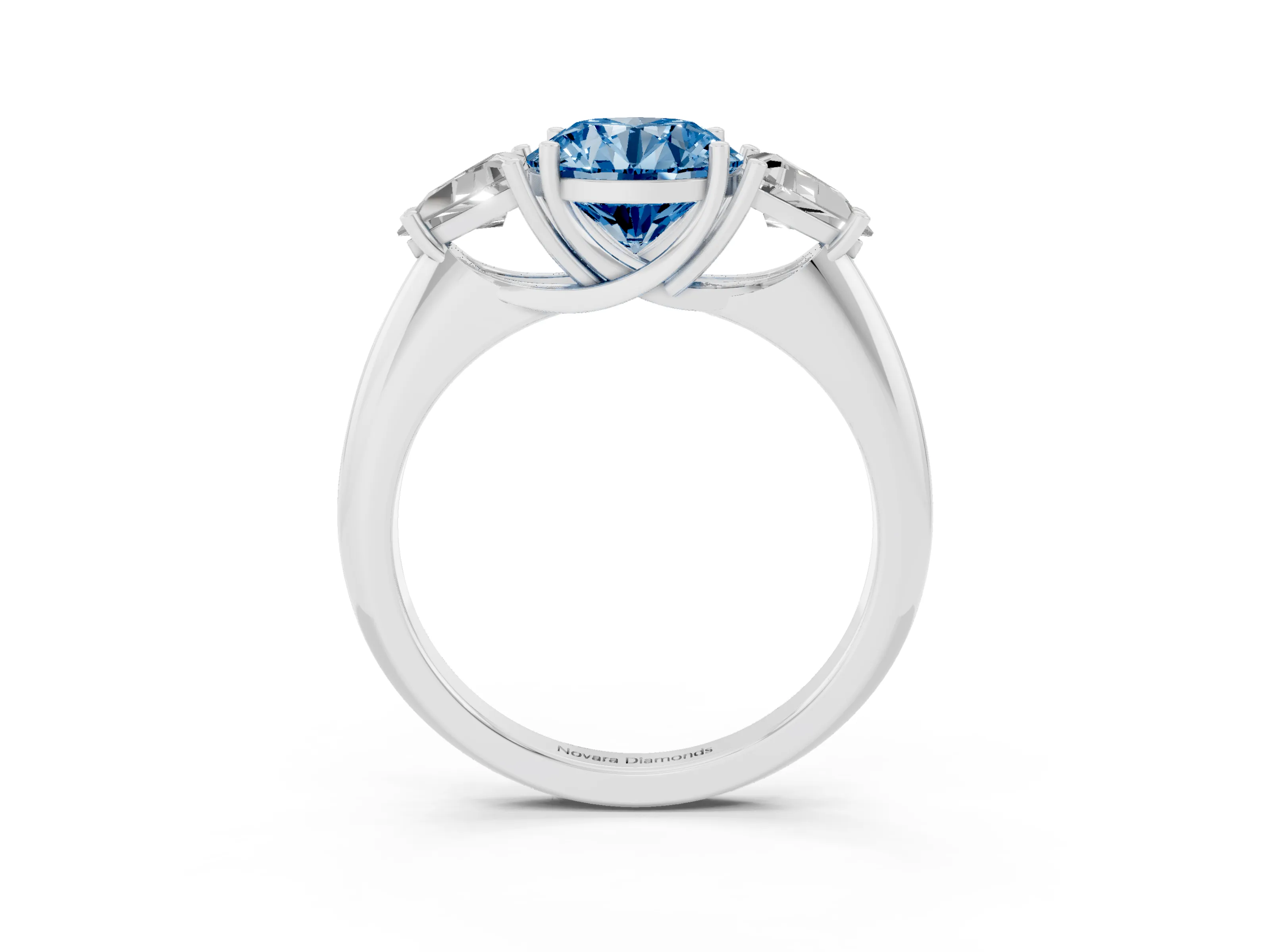 Fancy Blue Round Cut Diamond Three-Stone Engagement Ring Set in White gold with Trillion Side Stones