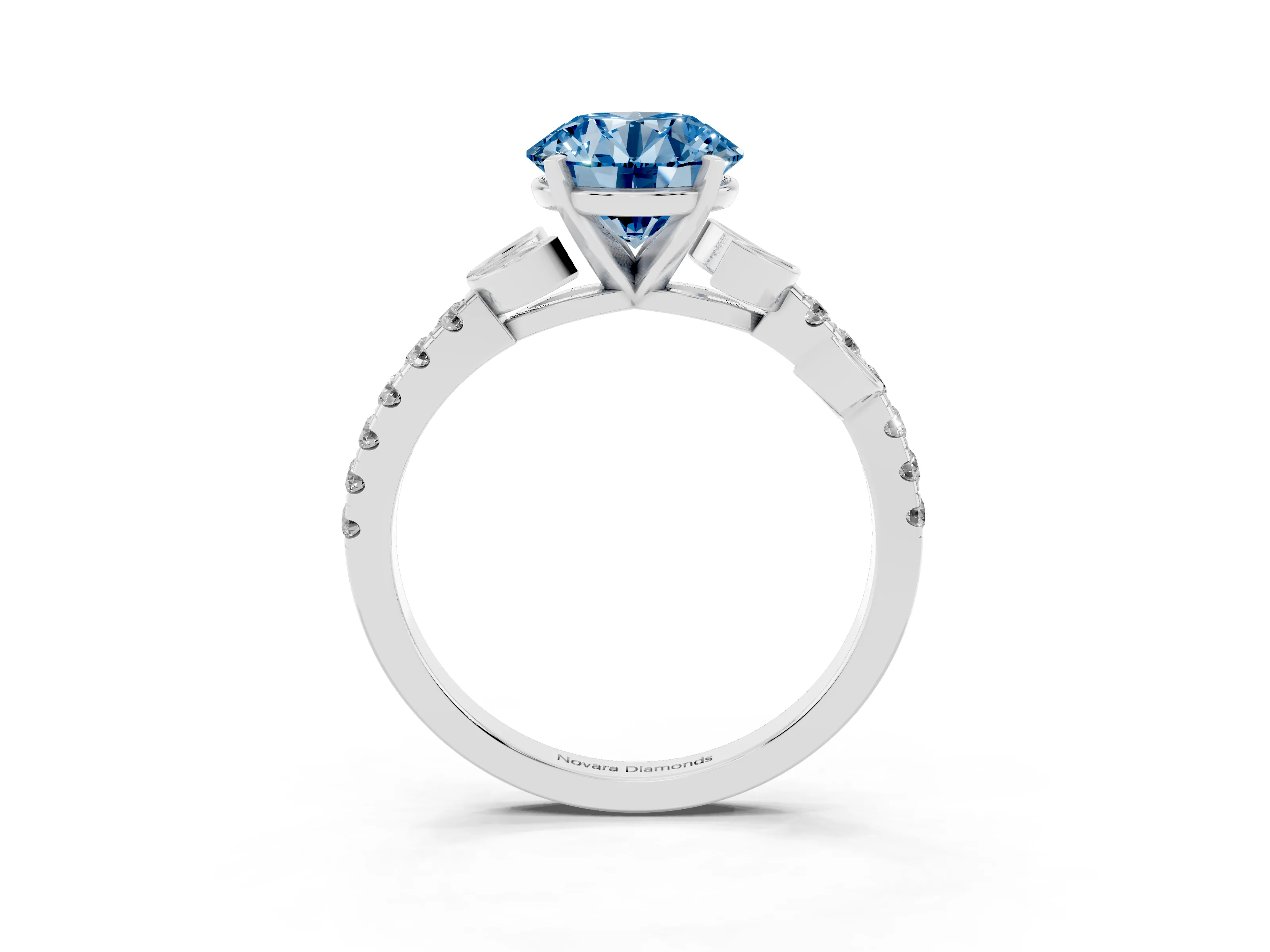 Fancy Blue Round Cut Diamond Solitaire Leaf-Inspired Ring Set in Silver with Pavé Band and Prong Setting