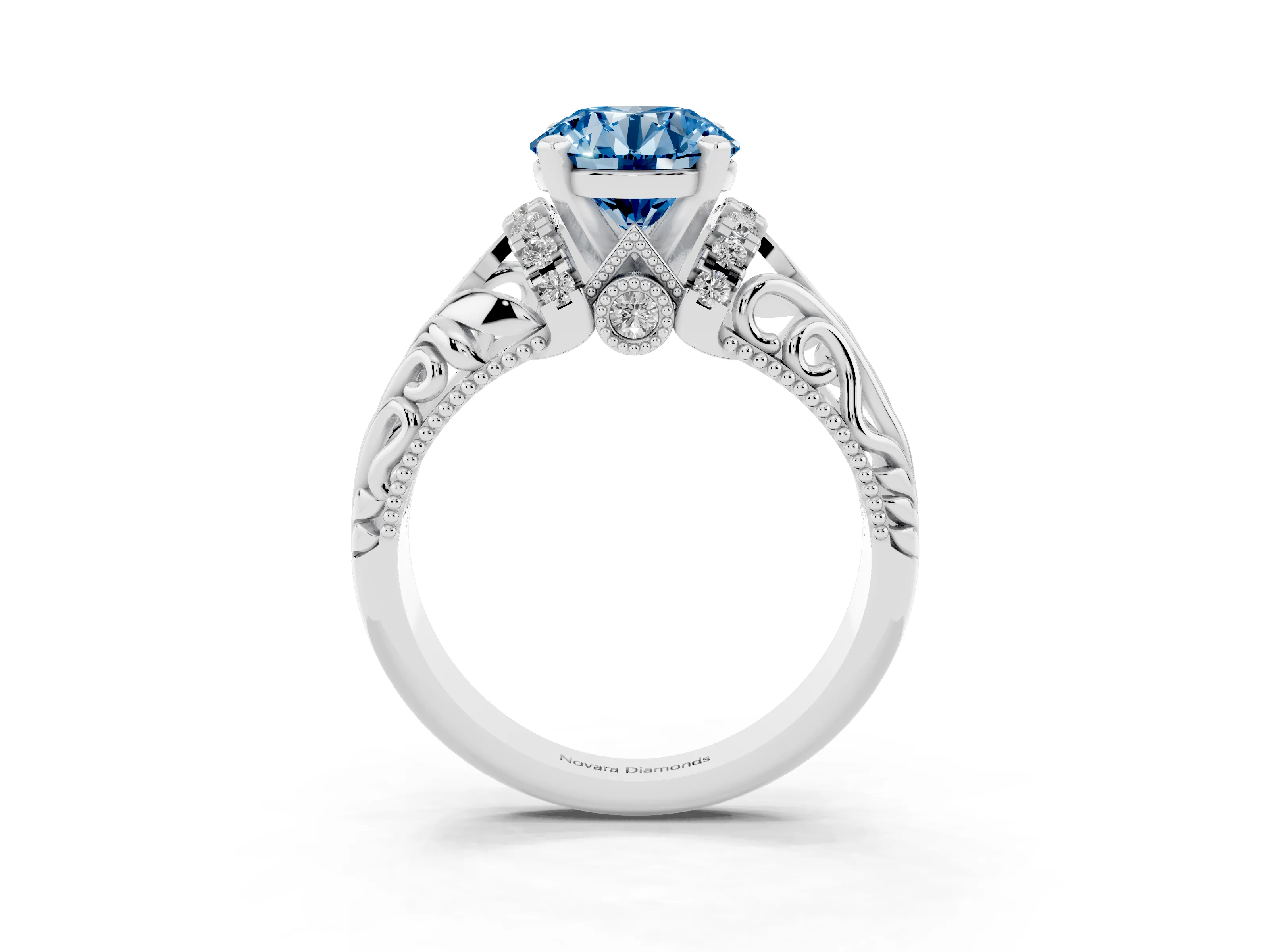 Fancy Blue Round Cut Diamond Filigree Halo Engagement Ring Set in Silver with Prong Setting