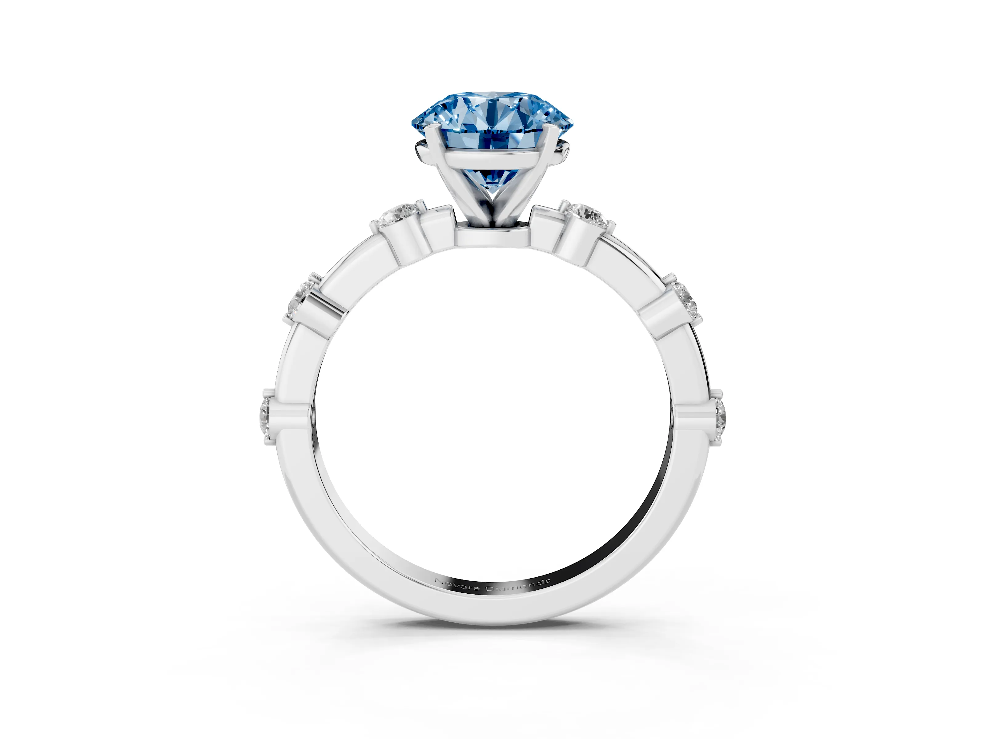 Fancy Blue Round Cut Diamond Solitaire Ring Set in Silver with Bezel Set Side Stones and Prong Setting