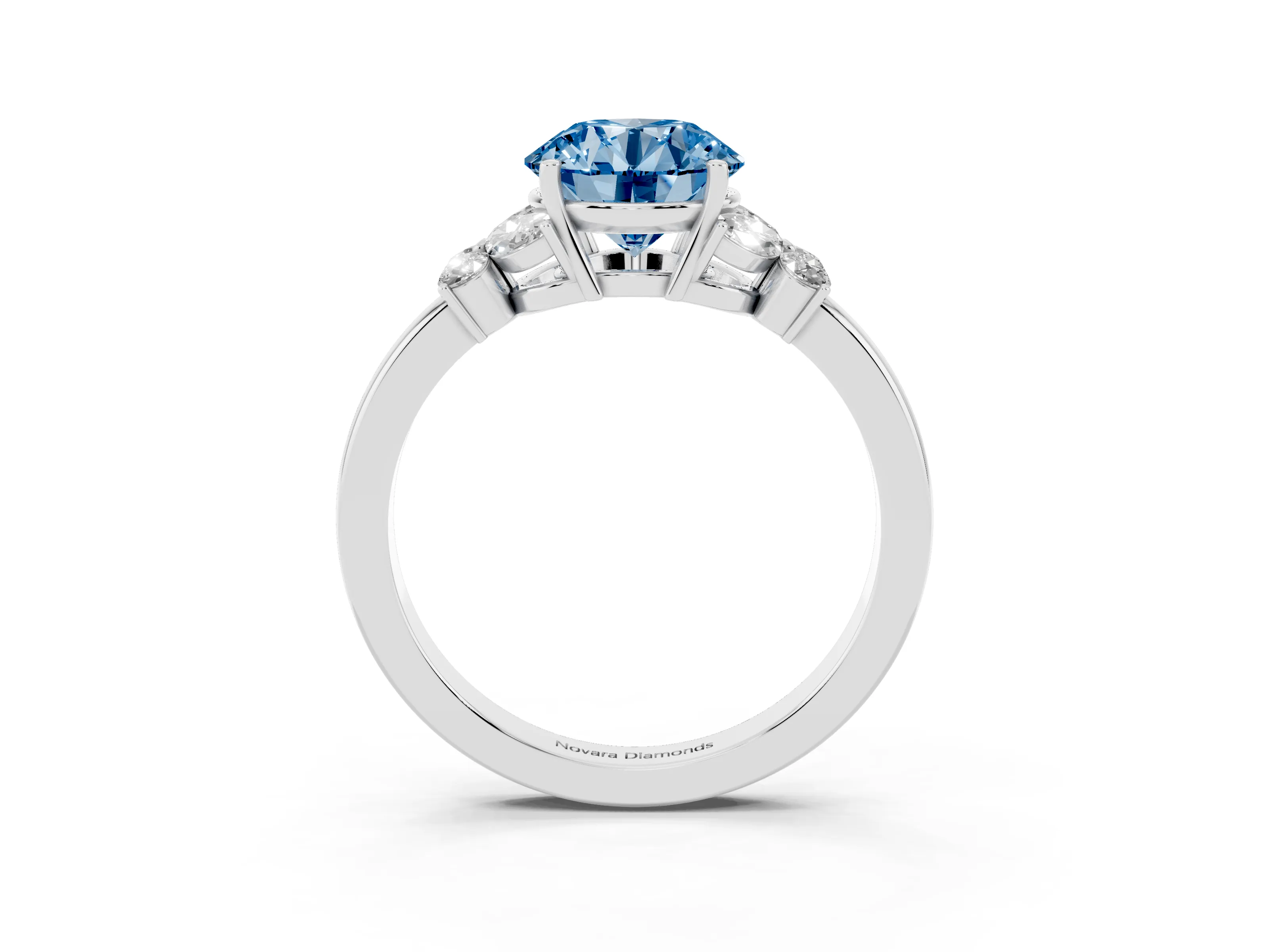 Fancy Blue Round Cut Diamond Solitaire Floral Ring Set in Silver with Marquise Petals and Prong Setting