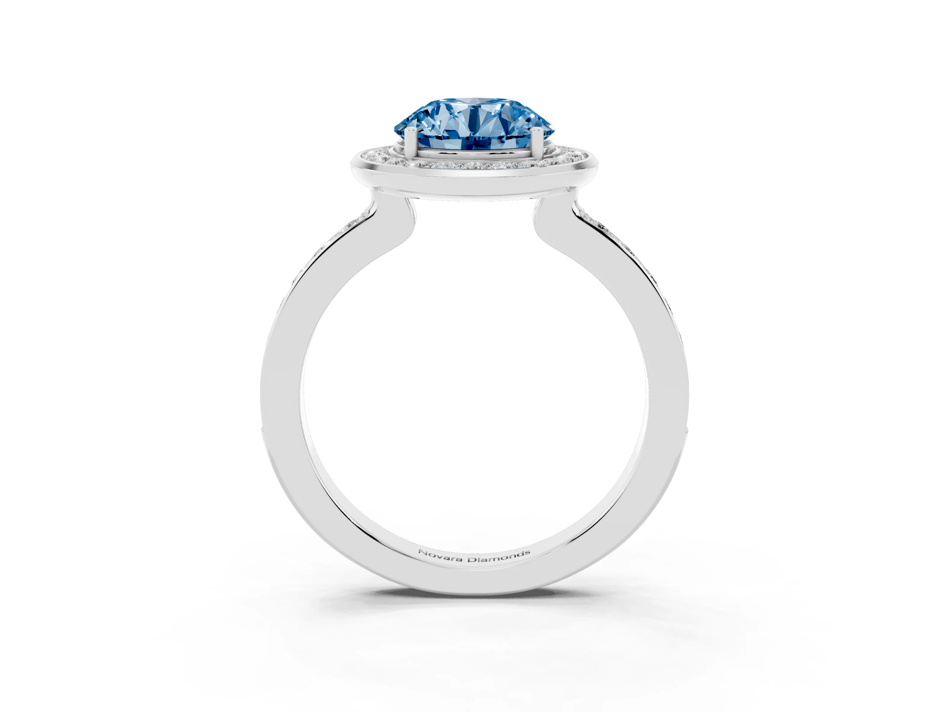 Fancy Blue Round Cut Diamond Halo Ring Set in White gold with Bezel Frame and Pavé Band