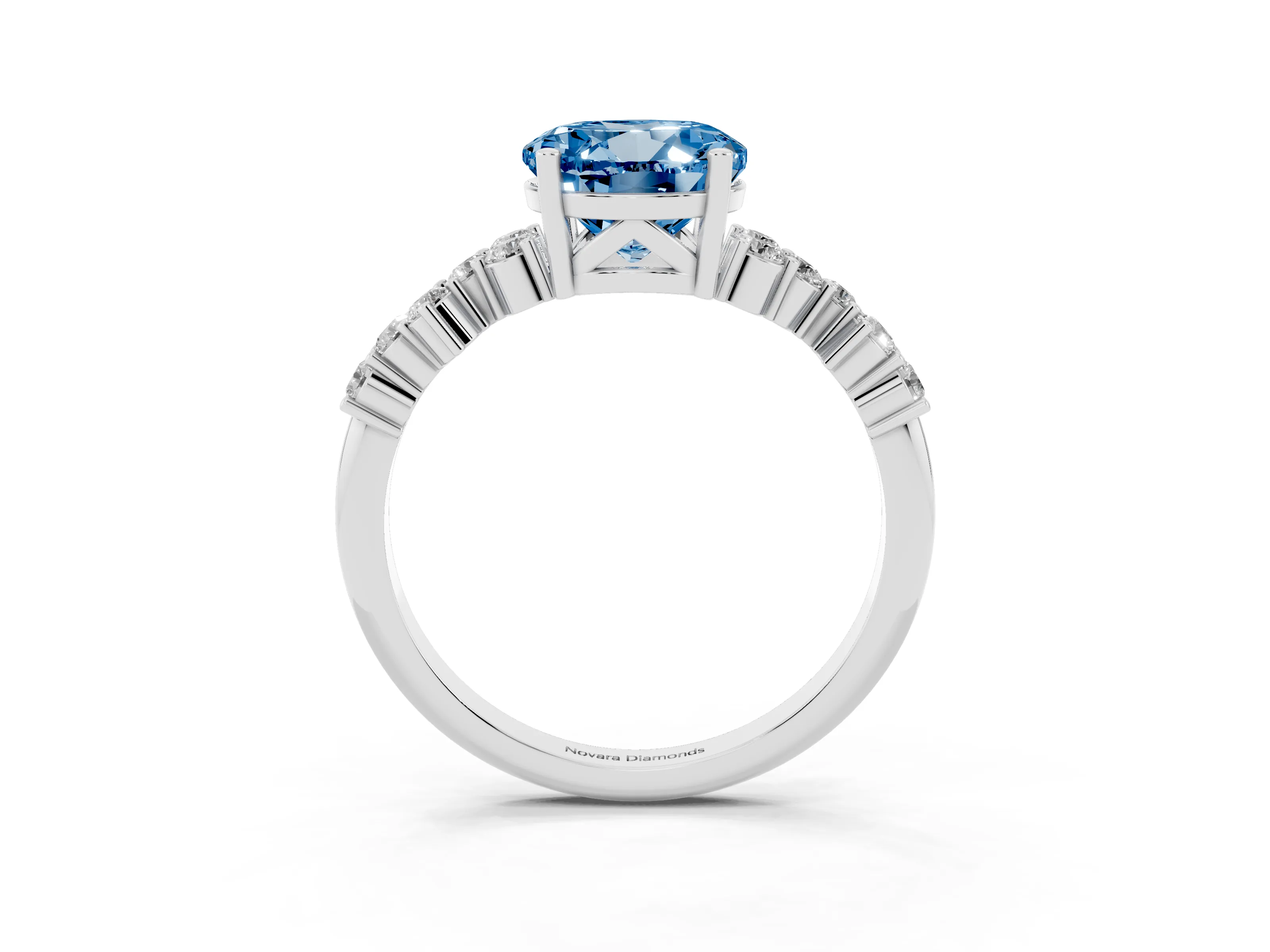 Fancy Blue Round Cut Diamond Ring Set in White gold with Scattered Round Accents