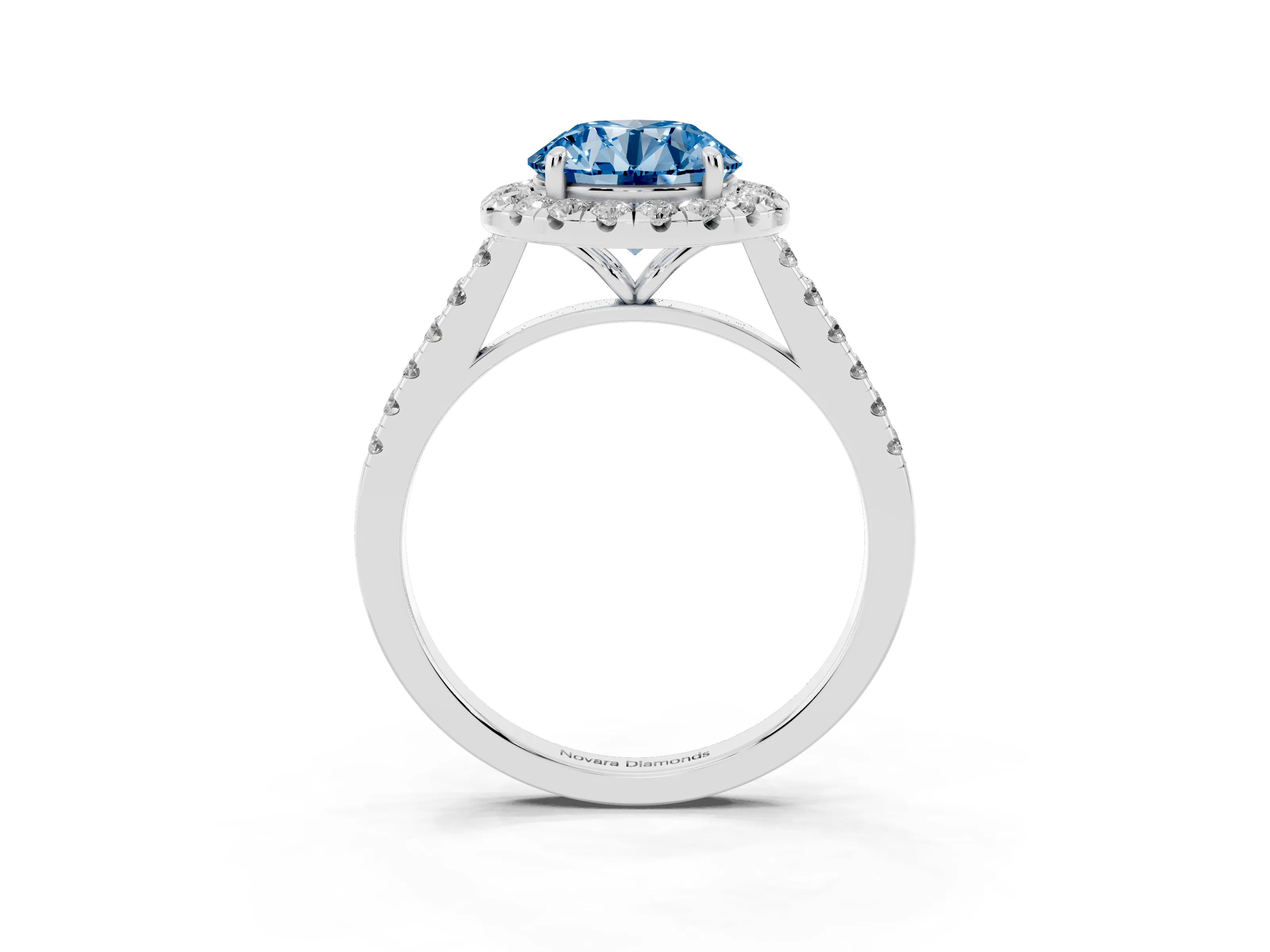 Fancy Blue Round Cut Diamond Halo Pavé Engagement Ring Set in White gold with Prong Setting