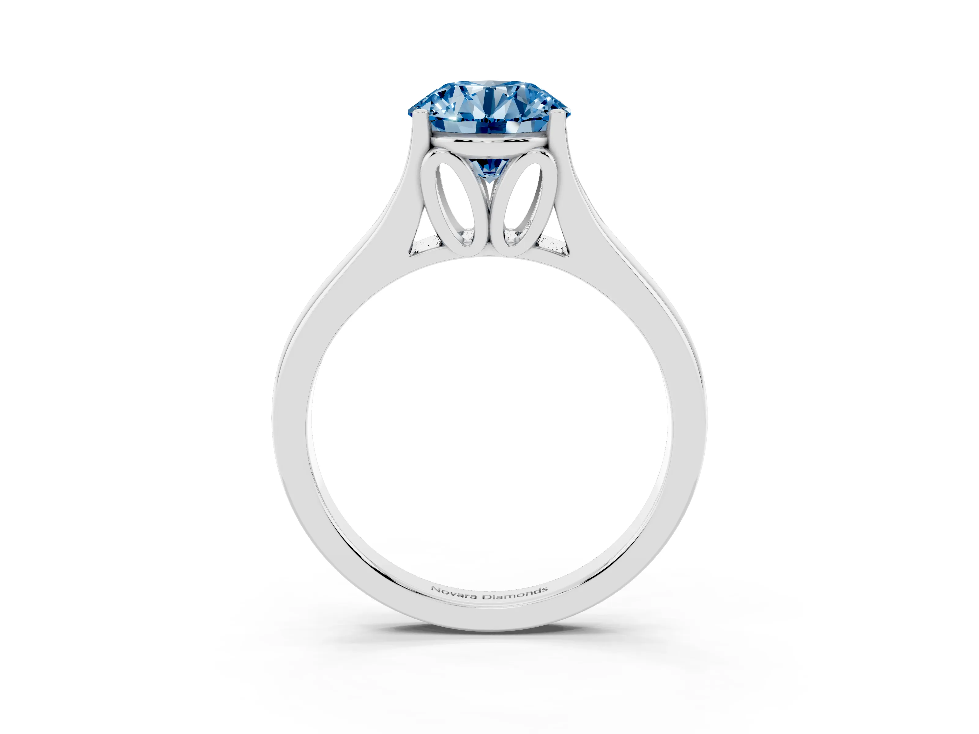Fancy Blue Round Cut Diamond Solitaire Ring Set in White gold with Arched Cathedral Band and Prong Setting
