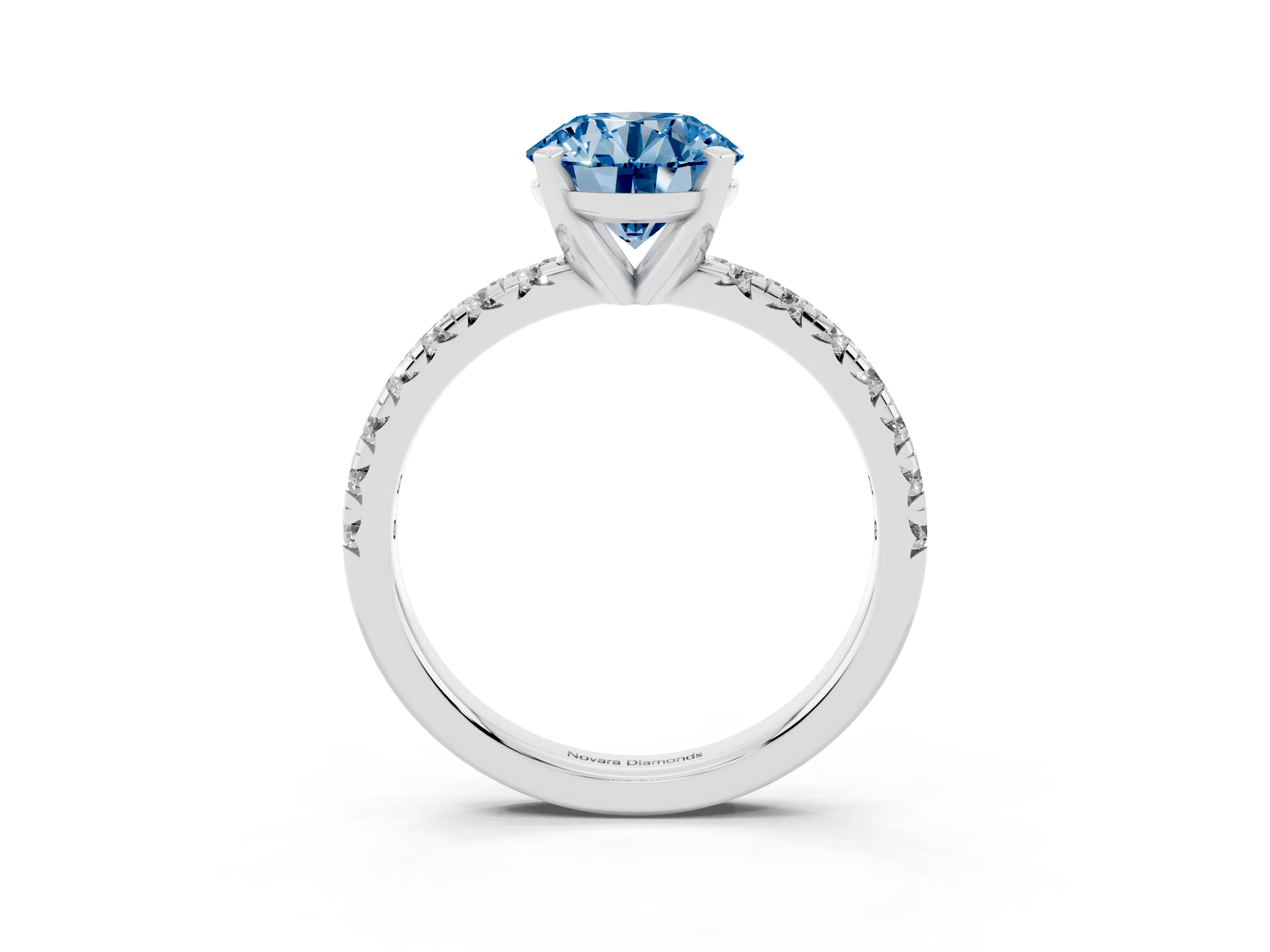 Fancy Blue Round Cut Diamond Solitaire Pavé Engagement Ring Set in Silver with Round Band and Prong Setting