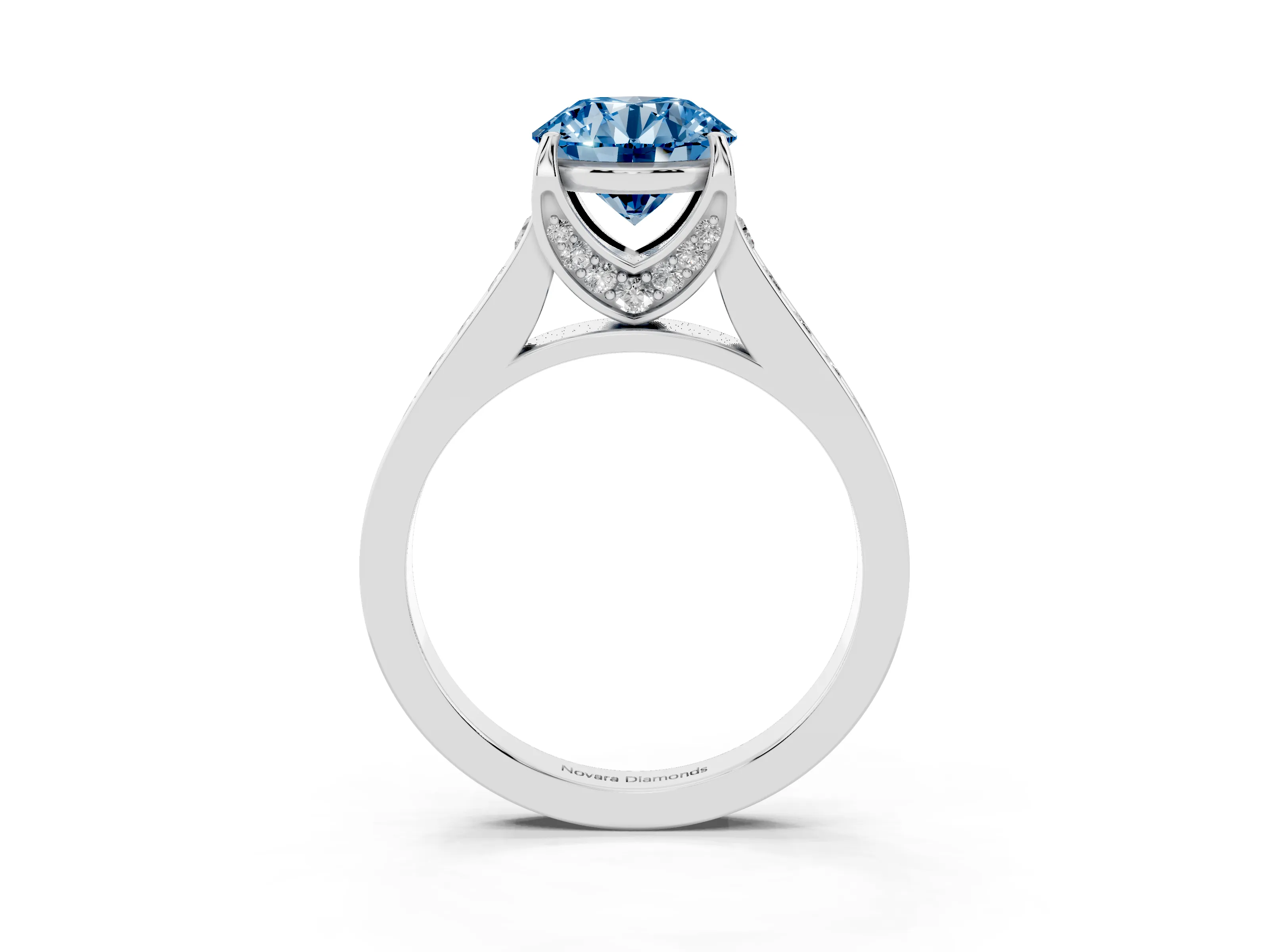Fancy Blue Round Cut Diamond Solitaire Pavé Engagement Ring Set in Silver with Prong Setting