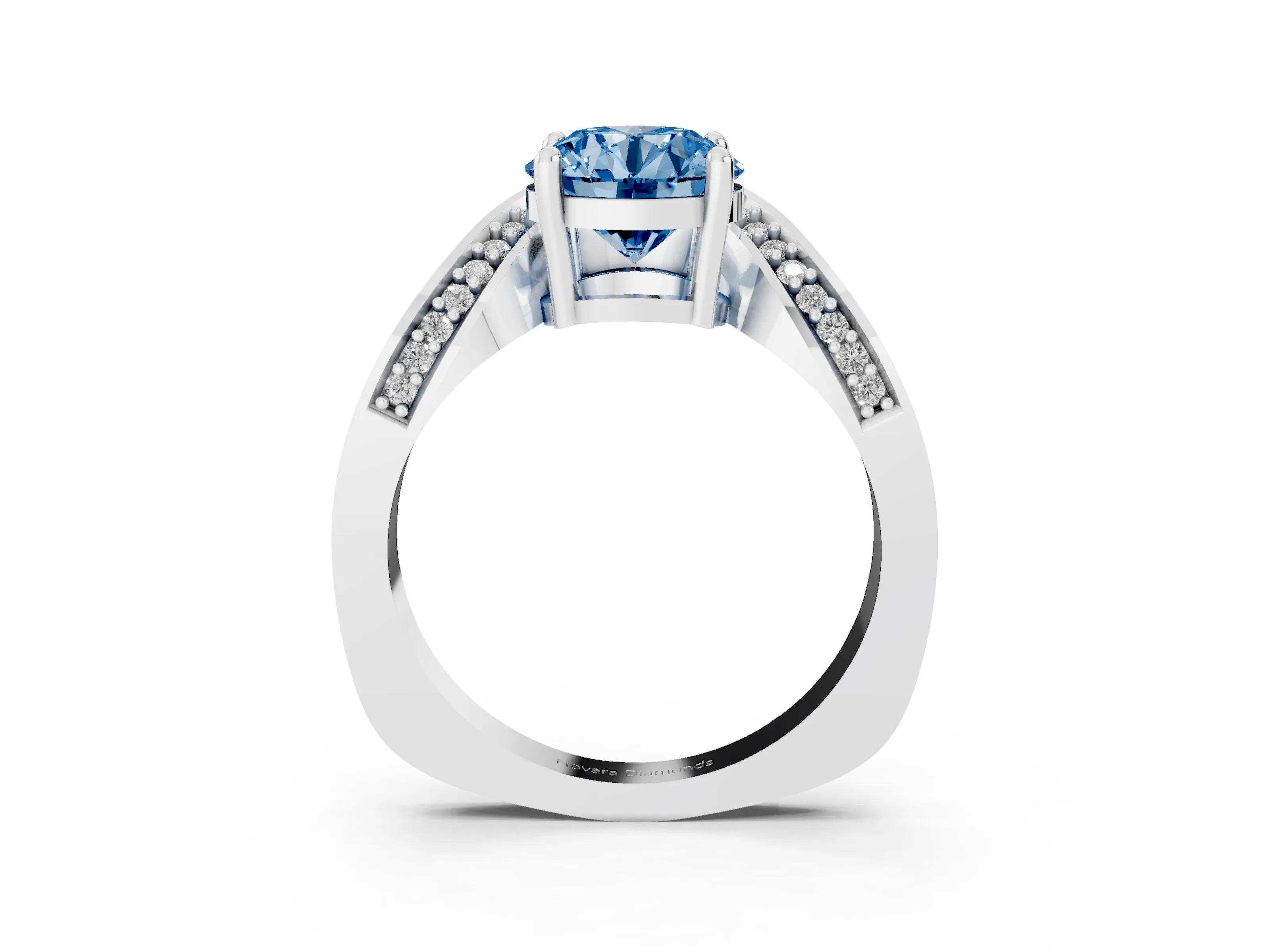 Fancy Blue Round Cut Diamond Solitaire Engagement Ring Set in Silver with Pavé Shoulders