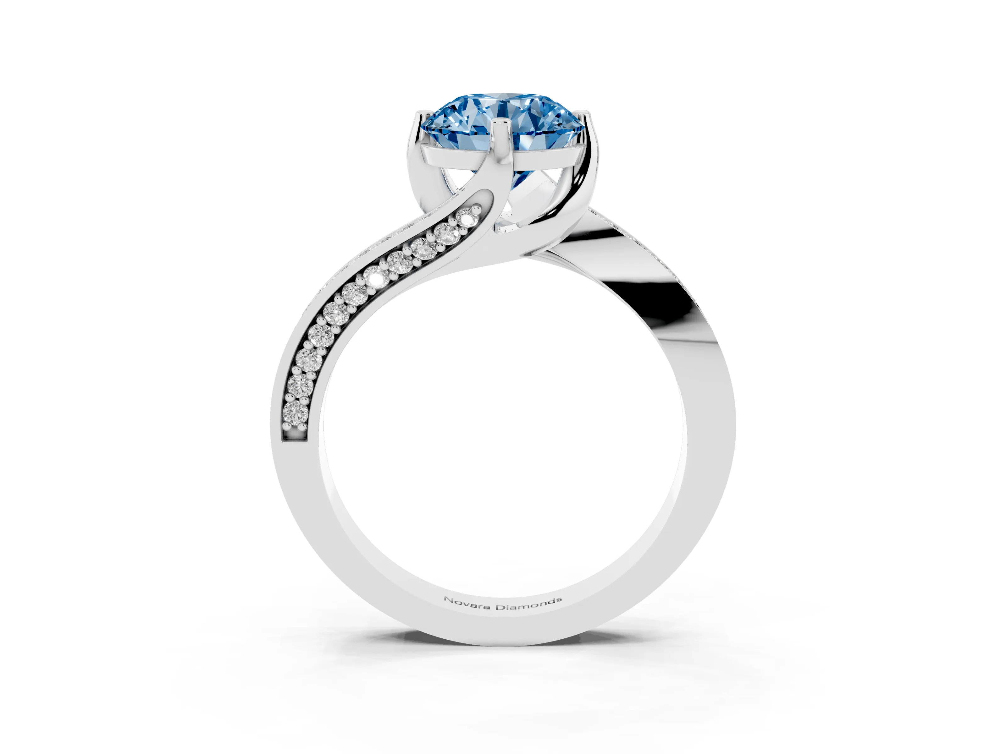 Fancy Blue Round Cut Diamond Solitaire Ring Set in White gold with Intertwined Pavé Twist Band